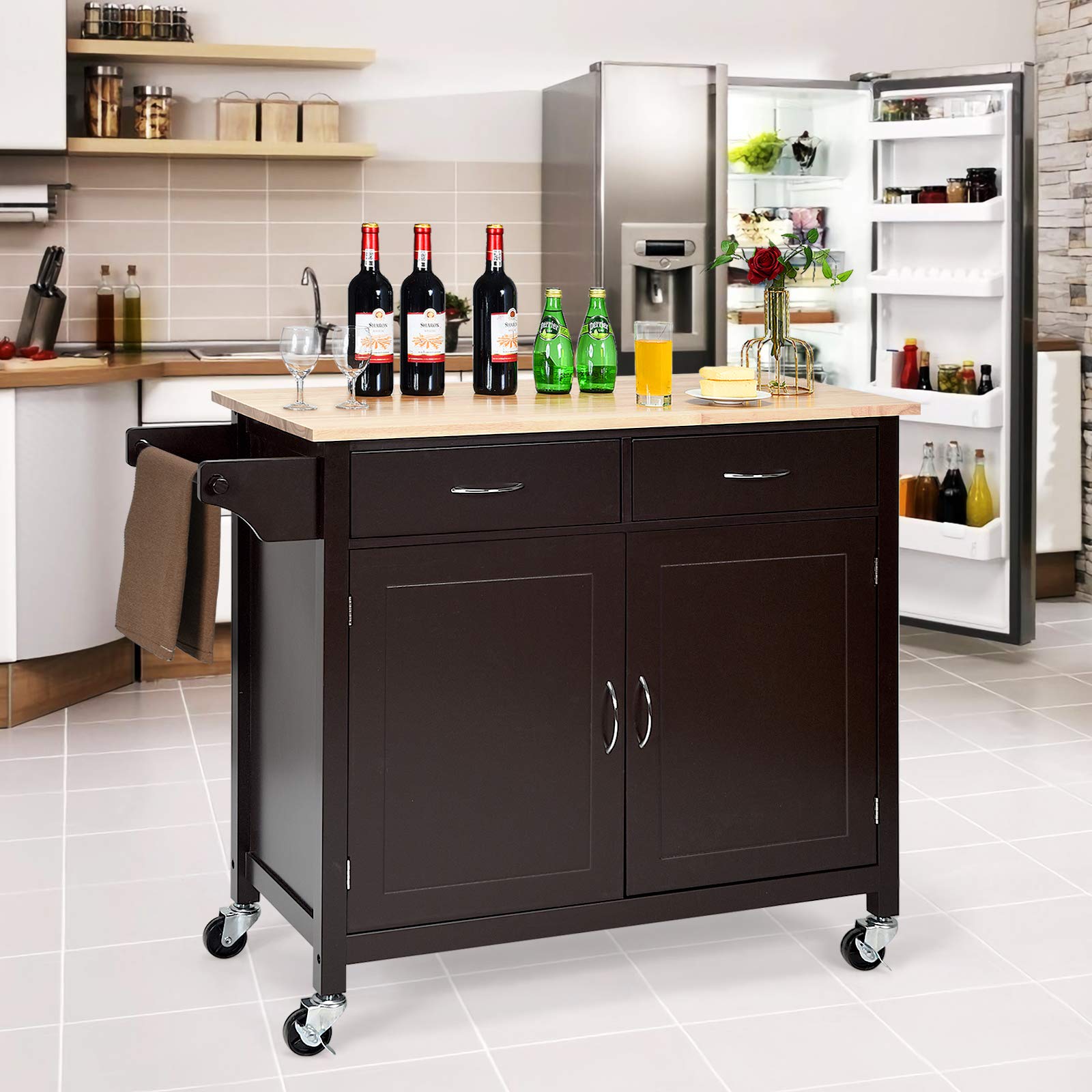 GOFLAME Portable Kitchen Island Cart with Storage & Drawers - Lockable Wheels Rolling Cabinet Trolley - Wood Top & Towel Rack Utility Cart for Home & Restaurant (Brown) | Perfect for Small Kitchens, Buffet Serving & Mobile Storage Solutions