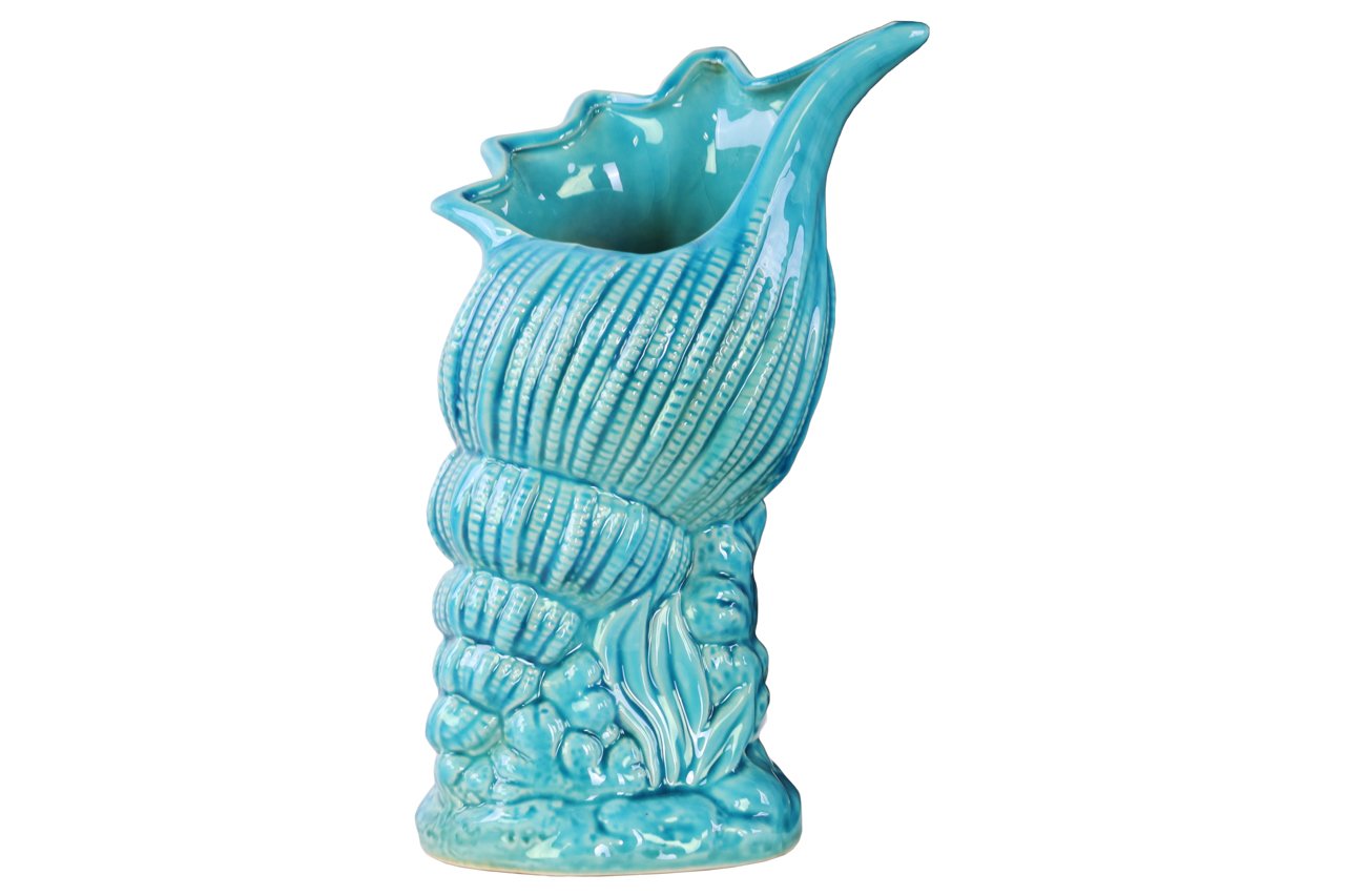 Blue Glossy Ceramic Conch Seashell Sculpture on Wave Base - Ocean Themed Home Decor for Beach House, Living Room & Bathroom