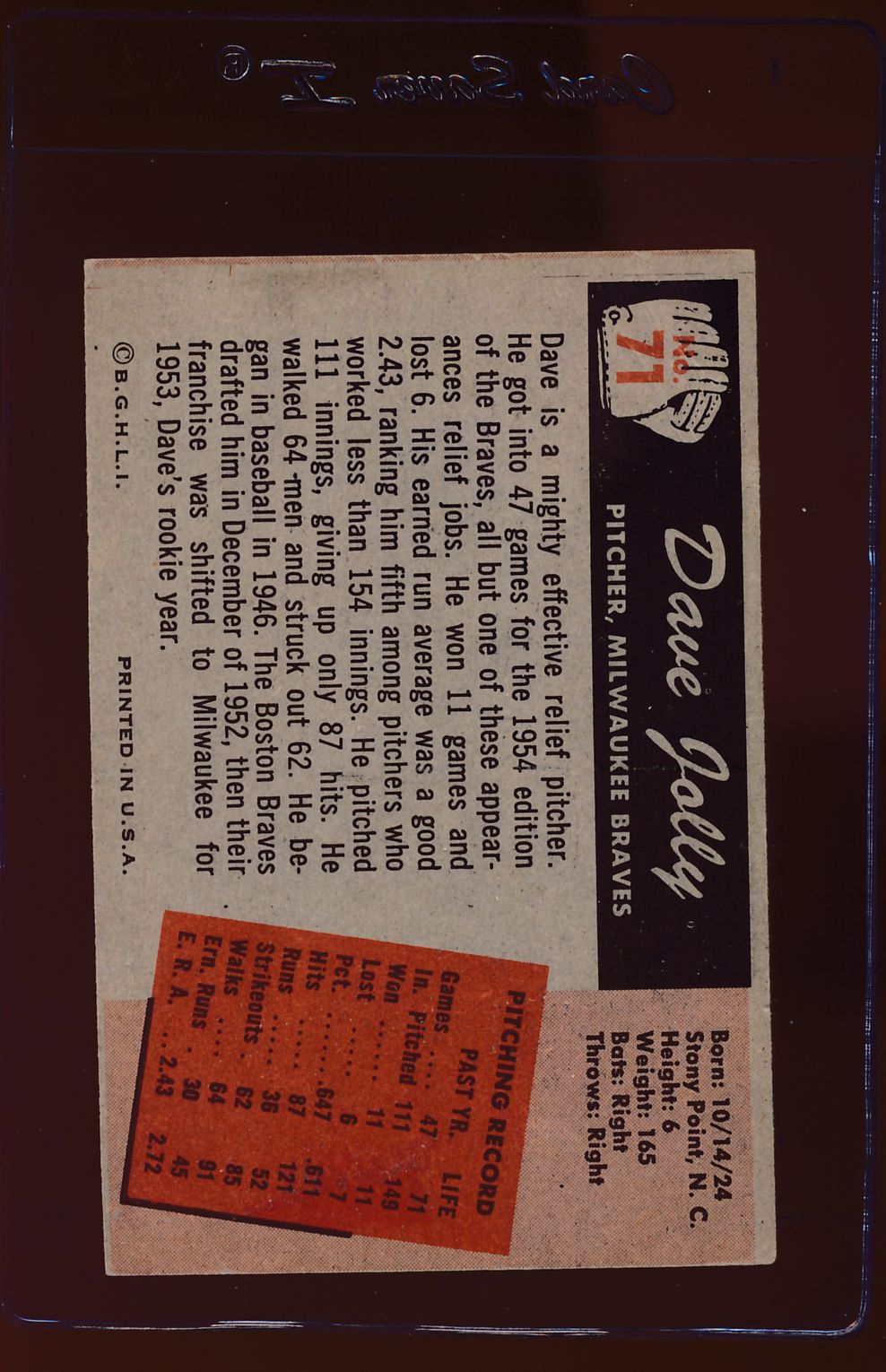 1955 Bowman #71 Dave Jolly Baseball Card - PSA Graded Vintage Collectible for Sports Memorabilia Enthusiasts | Perfect for Display, Investment & Trading