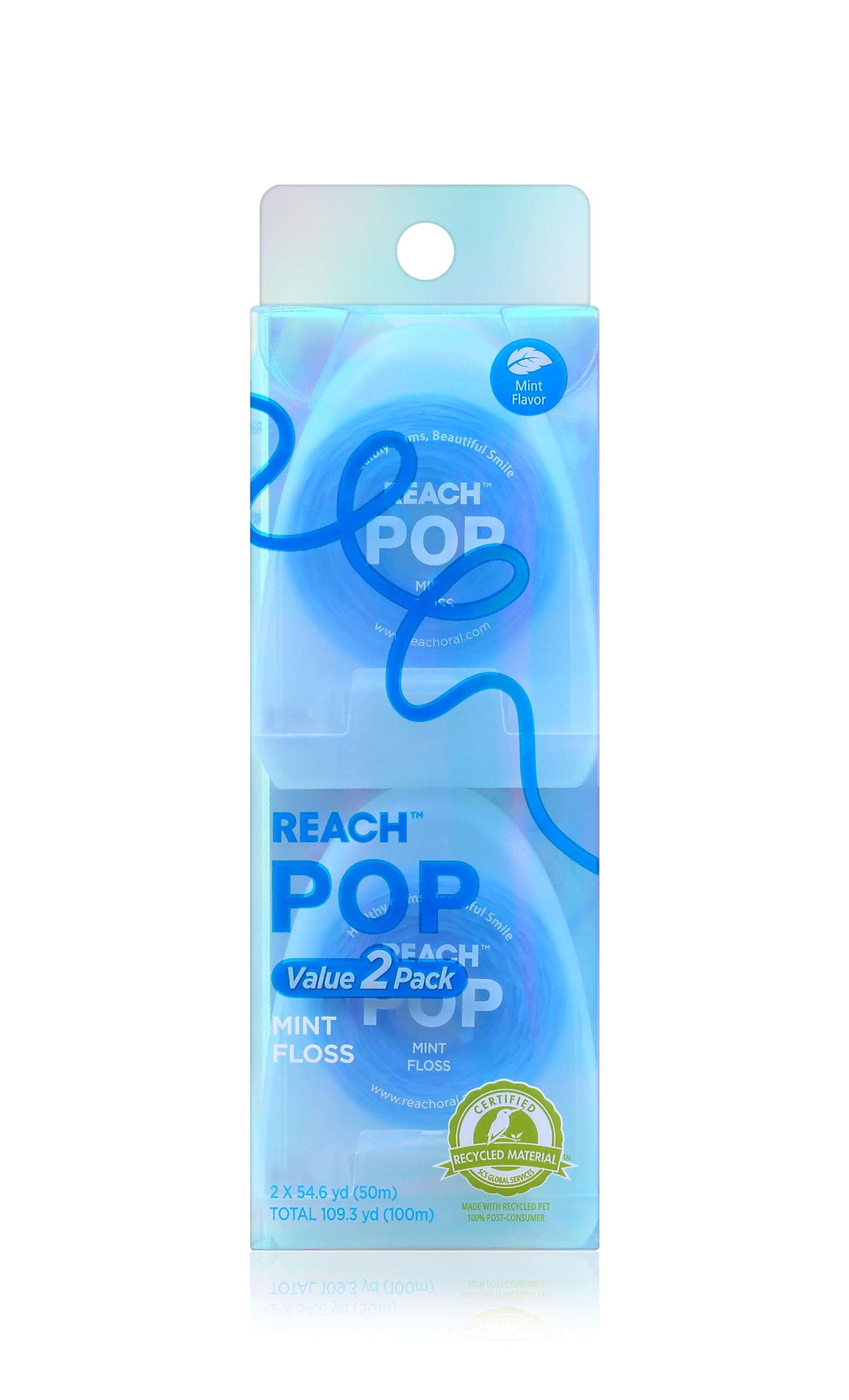 REACH POP Mint Dental Floss for Adults & Kids - Vegan Wax, PFAS Free, Shred Resistant Plaque Remover - 2 Pack (54.6 Yards) - Eco Friendly Oral Care for Fresh Breath & Healthy Teeth - Perfect for Travel, Home & Office Use