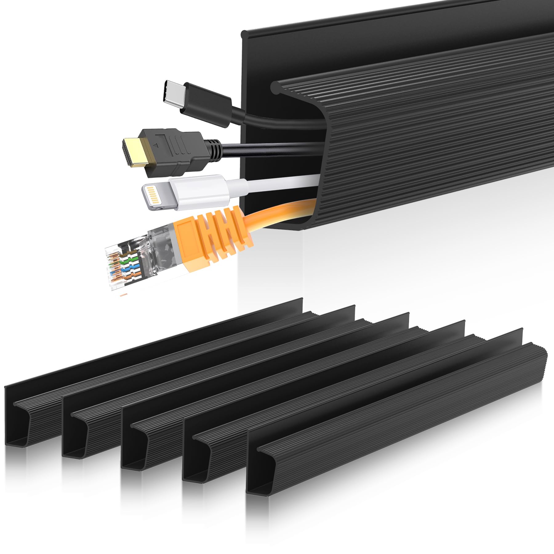 Under Desk Cable Management System - No Drill Cable Hider J Channel for Office & Home Workspace Organization (Black) | Perfect for Computer Wires, Power Strips & Home Theater Setup