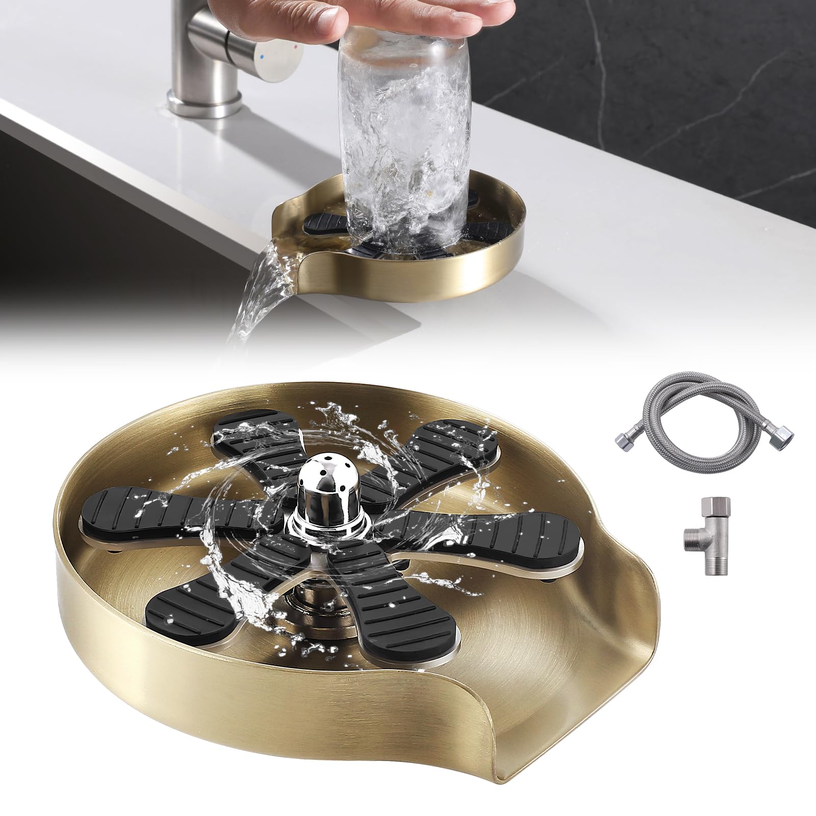 Premium 360° Rotating Glass Washer for Kitchen Sink - Gold Stainless Steel Cup Cleaner with High-Pressure Jet Spray - Perfect for Home, Bar & Restaurant Dishwashing Accessories