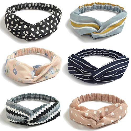 FAVELA Women's Criss Cross Elastic Turban Headbands - Boho Knotted Stretchy Headwrap, Bandana Hair Accessories for Women & Girls (Set of 6, Multicolor) - Perfect for Yoga, Workouts, Fashion & Casual Wear