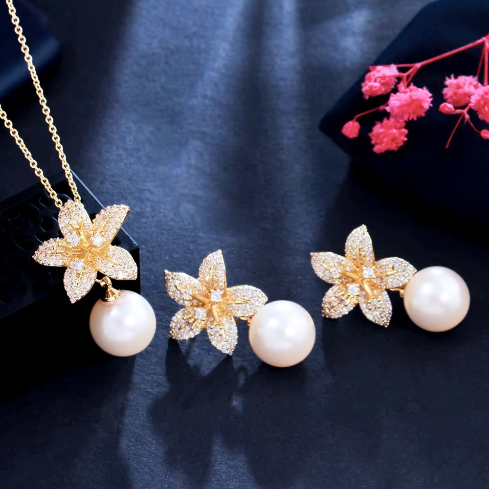Solstice Pearl & Cubic Zirconia Jewelry Set - Sterling Silver & Gold Plated Necklace & Earrings | Perfect for Weddings, Anniversaries & Special Occasions