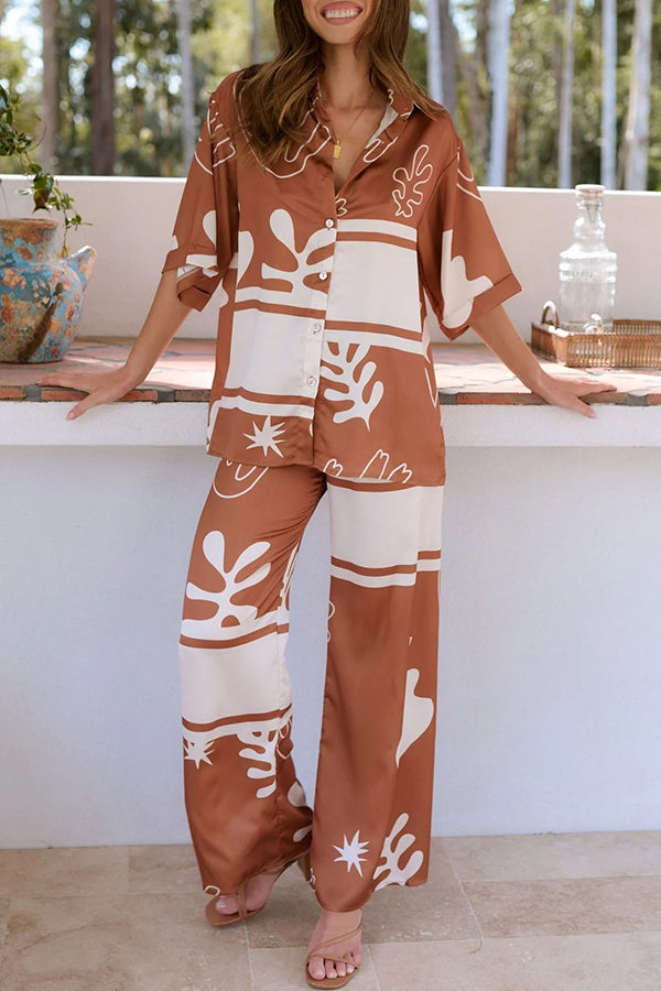 Stylish Color Block Print Button Up Shirt & Elastic Waist Pants Set for Women | Beach Outfit, Summer Vacation, Casual Wear