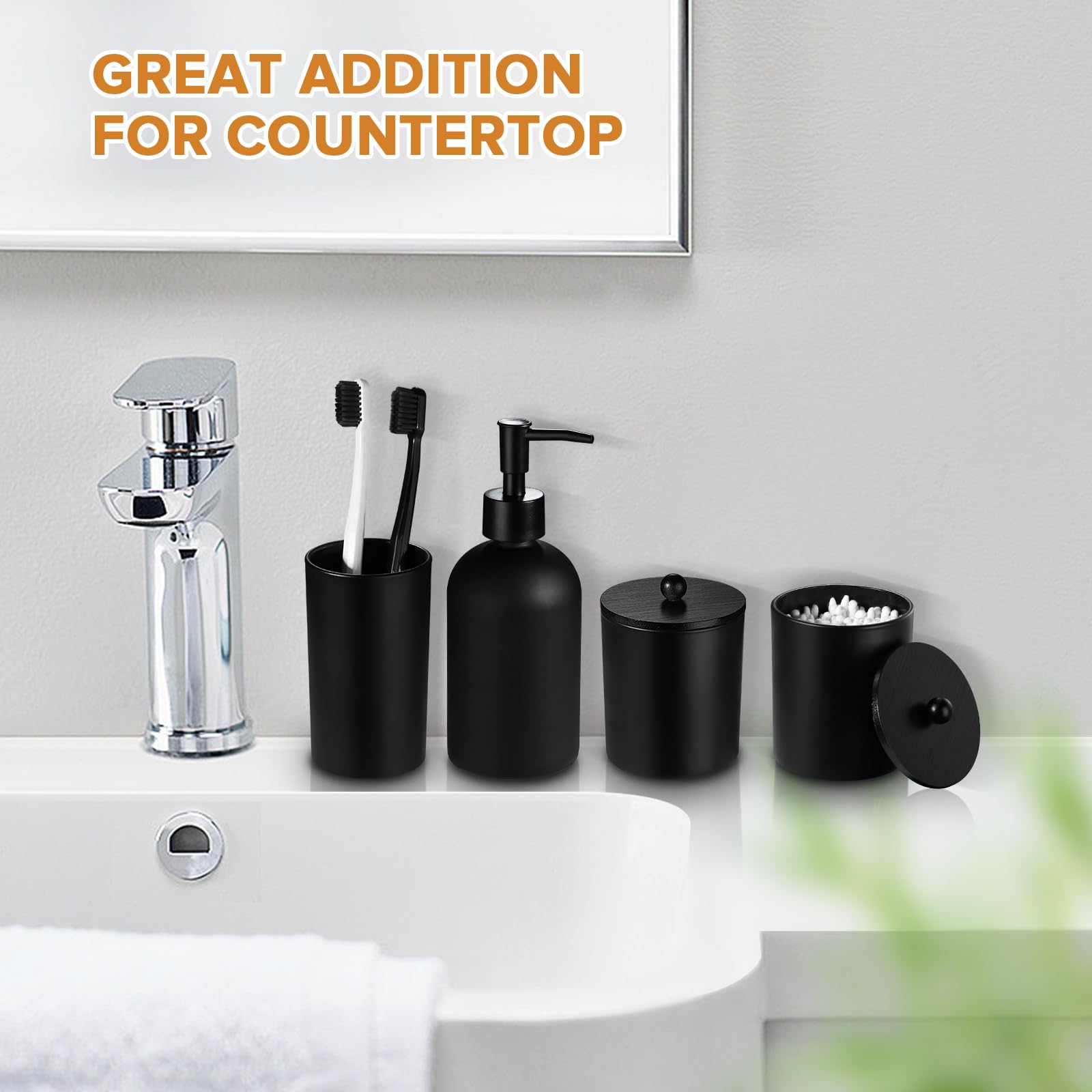 Modern Matte Black Bathroom Accessories Set - 4-Piece Bathroom Decor Kit with Glass Soap Dispenser & Toothbrush Holder | Counter Organizer Essentials for Stylish Bathrooms, Home Decor & Housewarming Gifts