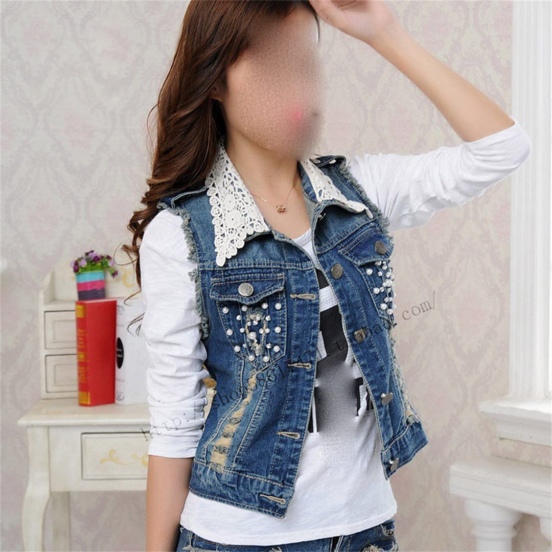 Korean Lace Turn-Down Collar Women's Denim Vest - Beaded Slim Waistcoat Sleeveless Jacket for Casual Outfits & Summer Fashion