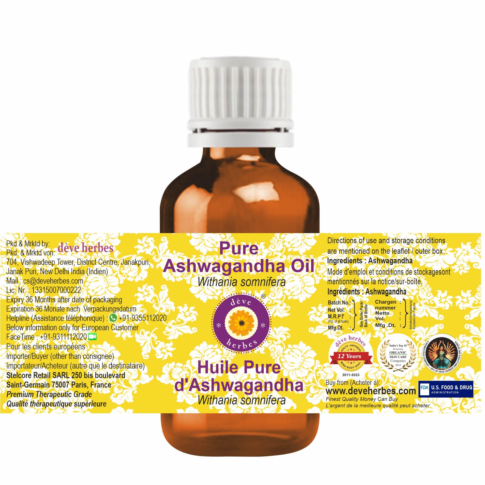 Pure Ashwagandha Oil (Withania Somnifera) - 100% Natural Therapeutic Grade Stress Relief Supplement - 10ml Bottle for Anxiety, Sleep Support & Immune Boost - Perfect for Aromatherapy & Massage