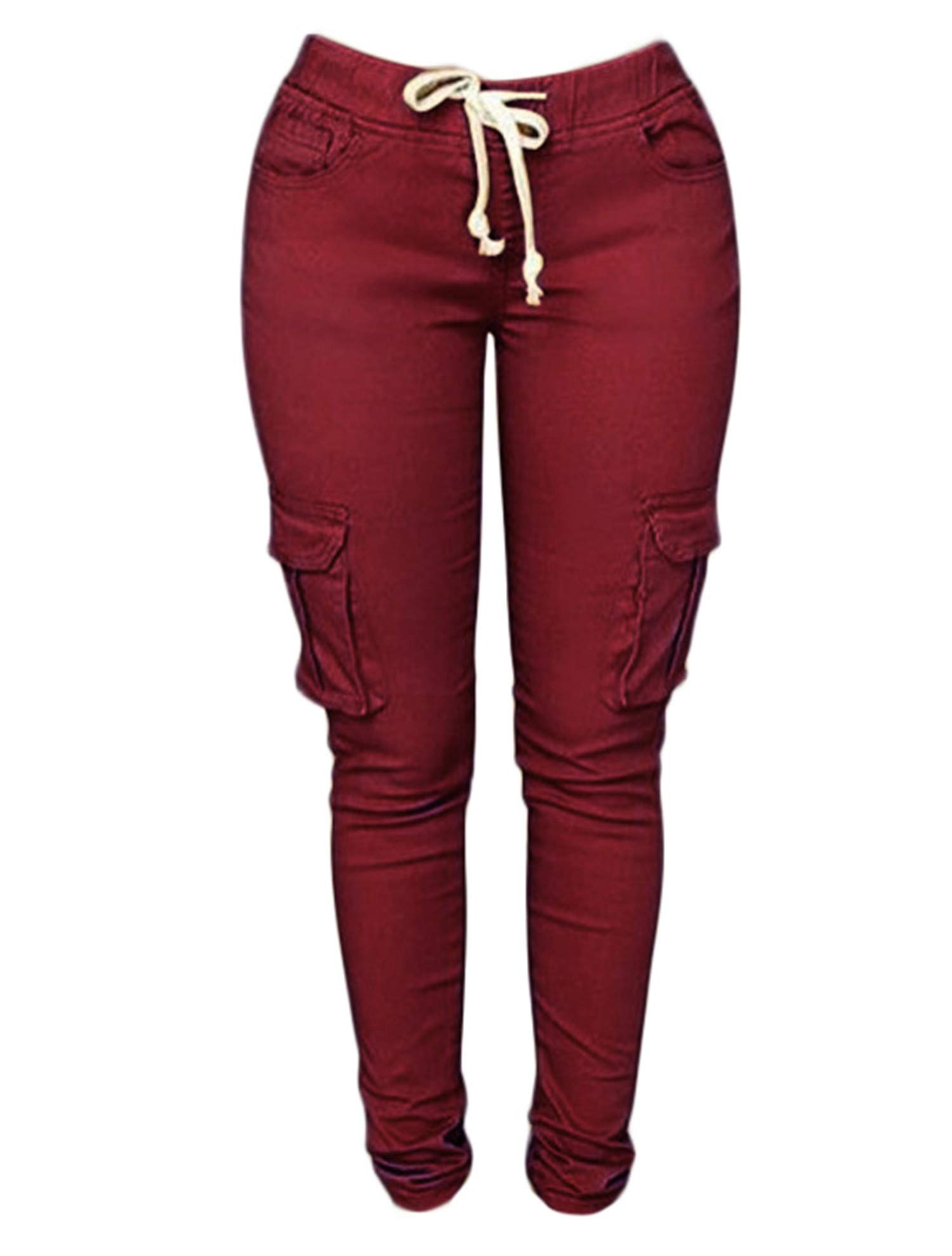 Andongnywell Women's Stretch Cargo Joggers - Solid Color Skinny Pants with Drawstring Waist & Casual Pockets | Butt Lifting Tie Design for Workout, Running & Everyday Wear
