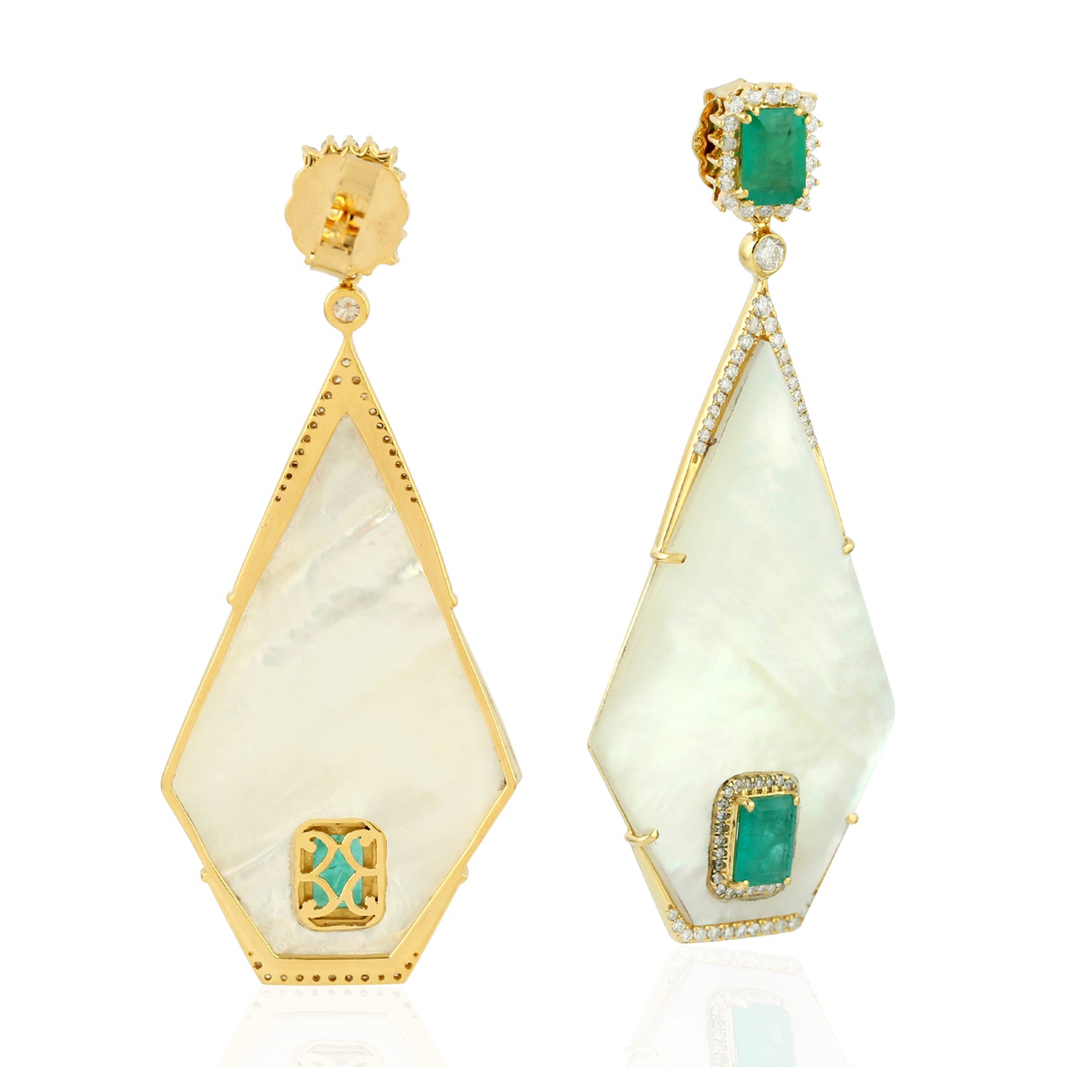 18K Yellow Gold Emerald and Diamond Geometric Dangle Earrings - MOP Prong Pave Design for Women, Perfect for Parties, Weddings & Special Occasions
