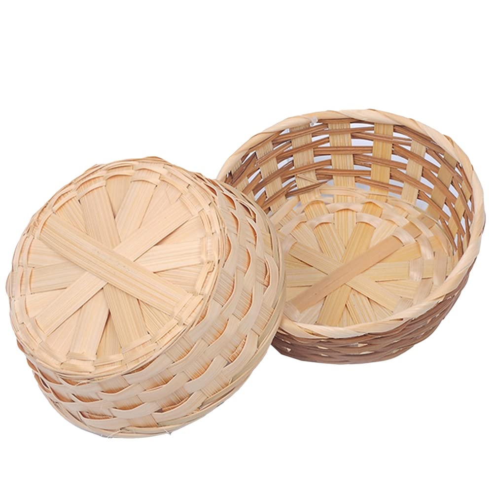 YHJIC Handmade 7-Inch Natural Bamboo Bread Serving Basket - Set of 2, Coffee Fruit Snack Tray for Kitchen, Dining, Picnics & Party Serving