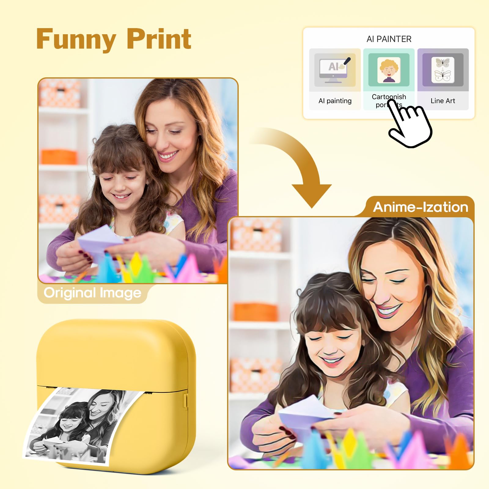 Mini Sticker Printer - Inkless Bluetooth Thermal Printer for Photos, Journals & DIY Projects | Compatible with iOS/Android | Includes 6 Paper Rolls (Yellow) | Perfect for Scrapbooking, Planner Decoration & School Notes