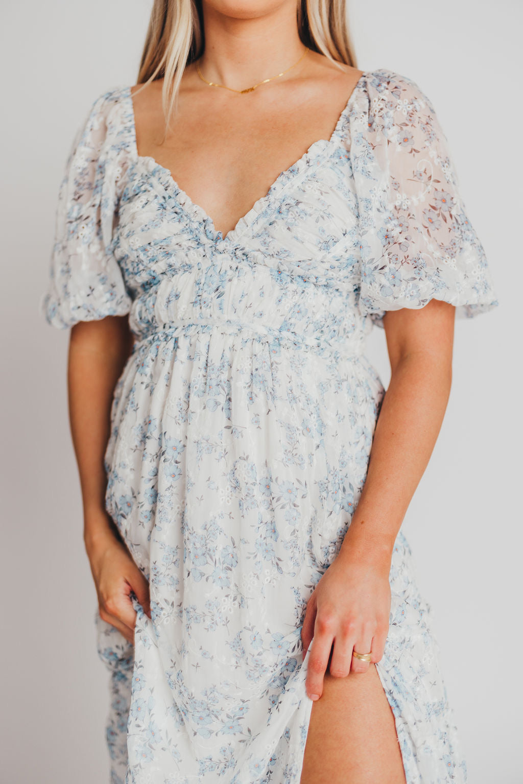 Blue and White Floral Daphne High Slit Eyelet Detail Maxi Dress - Plus Size & Inclusive Sizing - Perfect for Summer Weddings, Beach Vacations & Date Nights