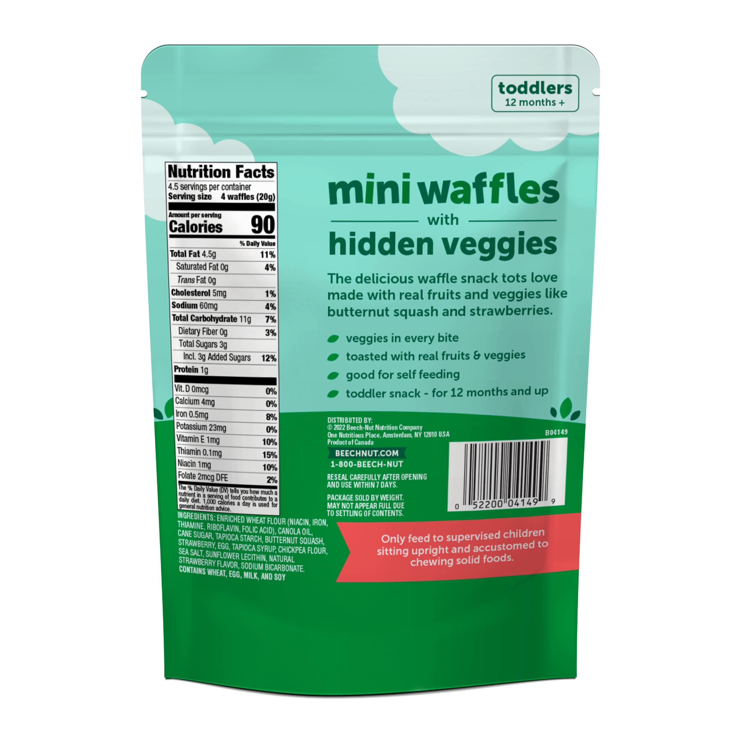 Beech-Nut Toddler Snacks Mini Waffles with Hidden Veggies - Butternut Berry Flavor, Non-GMO, 3.2 oz Bags (7 Pack) | Healthy Baby Food for On-the-Go, Daycare & Travel Snacking