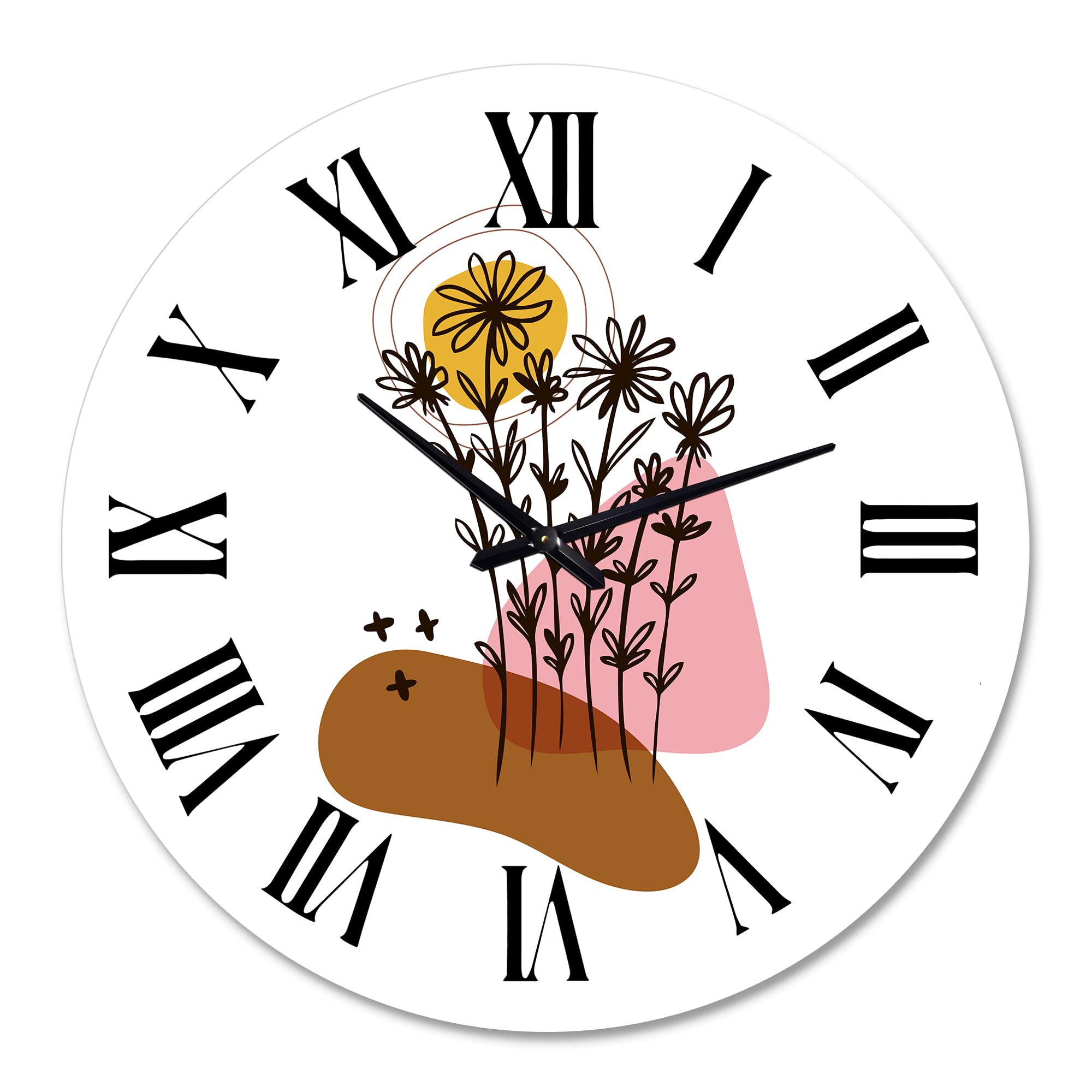 Modern Abstract Floral Wall Clock - Large Botanical Decor for Bedroom, Living Room & Office | DesignQ Elementary Shapes with Flowers & Plants