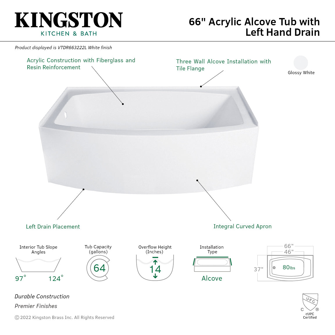 Aqua Eden 66-Inch Acrylic Curved Rectangular Apron 3-Wall Alcove Bathtub - Left Hand Drain, Glossy White - Perfect for Small Bathrooms & Modern Home Spa Experience