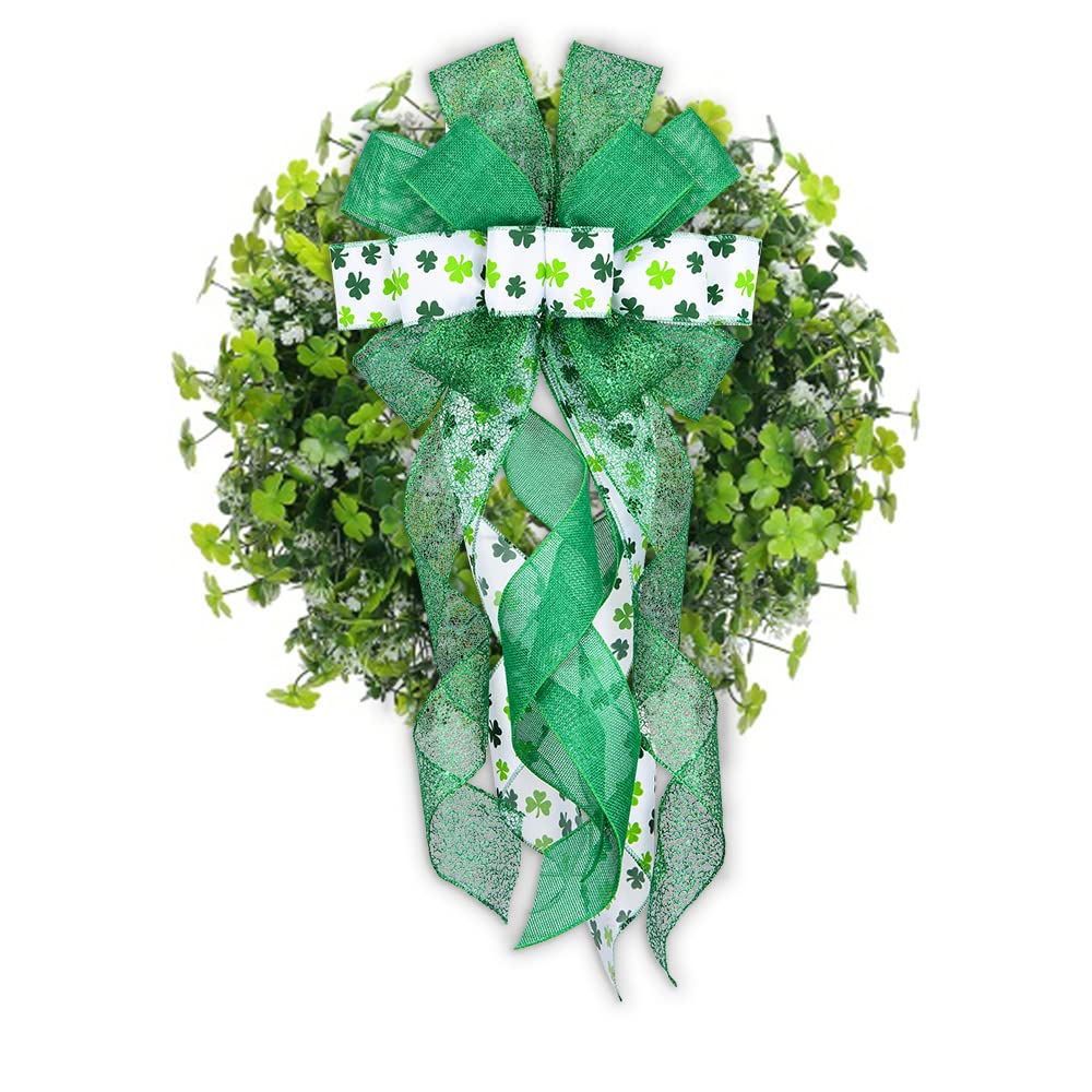 Large St. Patrick's Day Wreath Bows - Green Glitter Shamrock Decor for Front Door, Irish Holiday Party Hanging Ornaments | Perfect for Outdoor Decorations, Wreath Accents & St. Patrick's Day Celebrations