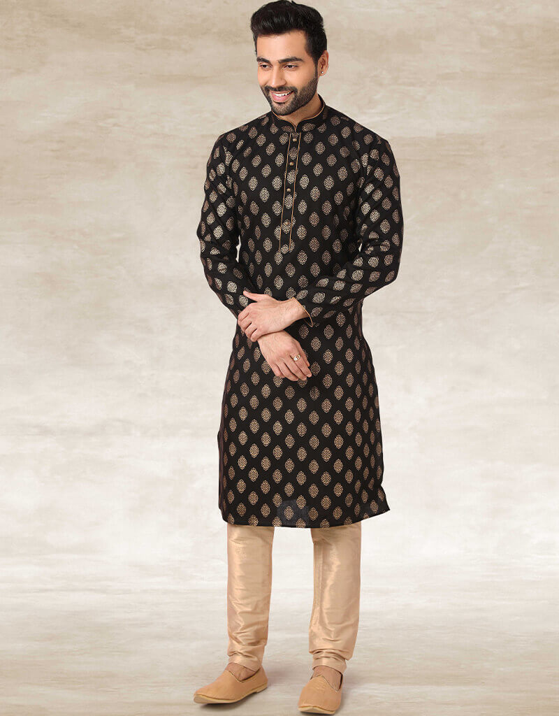 Handloom Black Cotton Kurta with Chudidaar - Traditional Indian Ethnic Wear for Festivals, Weddings & Casual Outfits