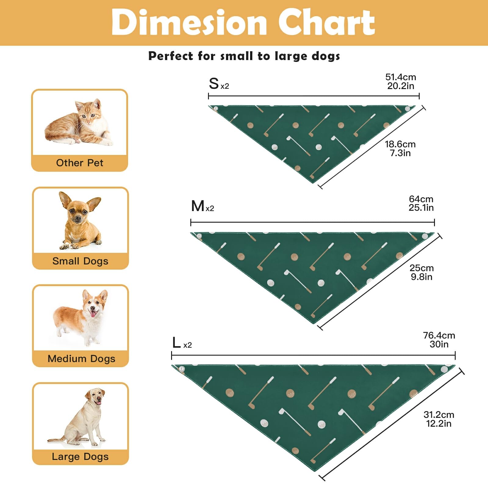 2 Pack Golf Club Ball Pattern Dog Bandanas - Adjustable Snap Button Pet Scarf for Small Medium Large Dogs & Cats - Perfect for Holidays, Parties & Outdoor Adventures