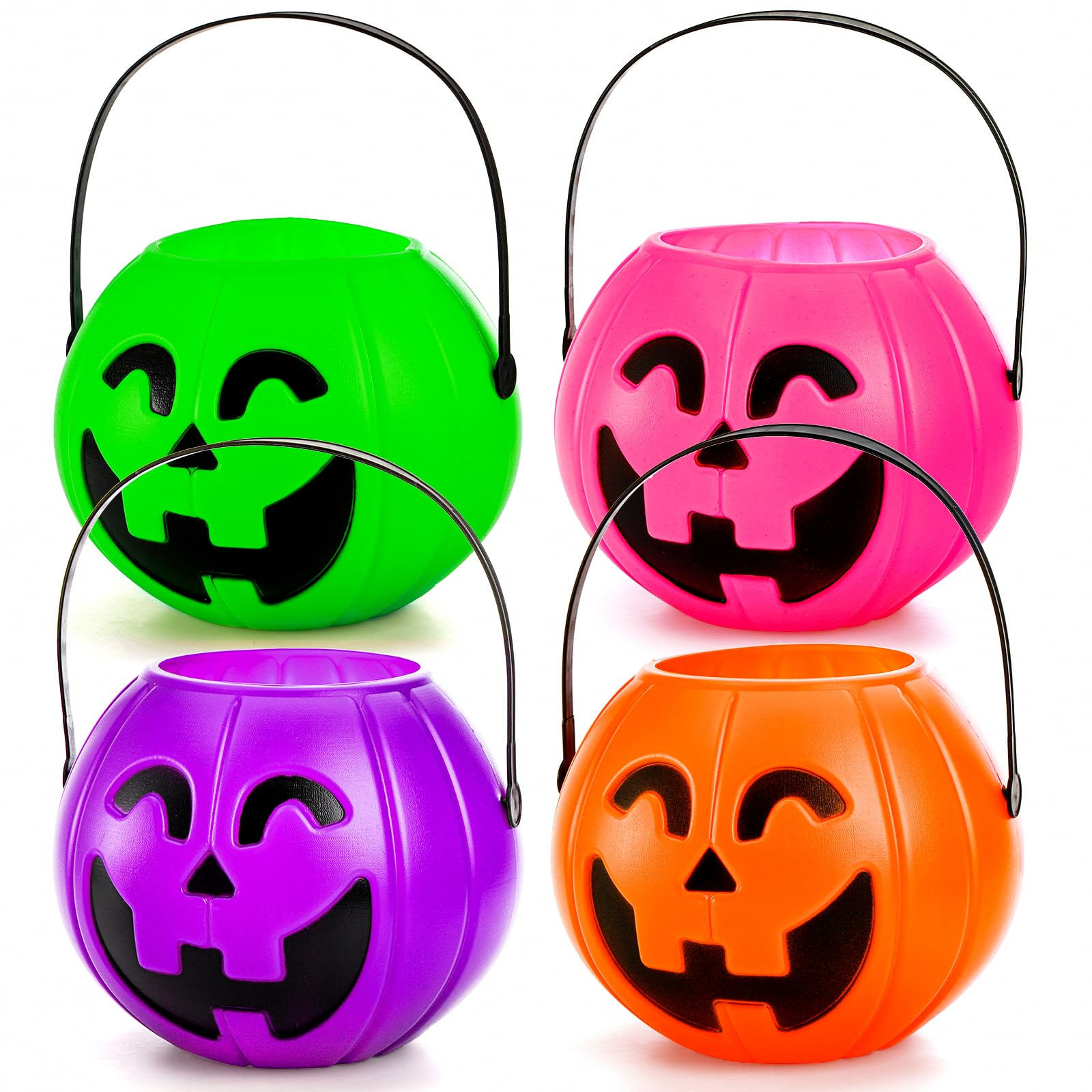 Elsjoy Set of 4 Large Plastic Halloween Pumpkin Pails - Trick or Treat Candy Buckets for Kids, Halloween Party Decorations & Outdoor Decor - Perfect for Trick-or-Treating, Halloween Parties, and Fall Home Decor