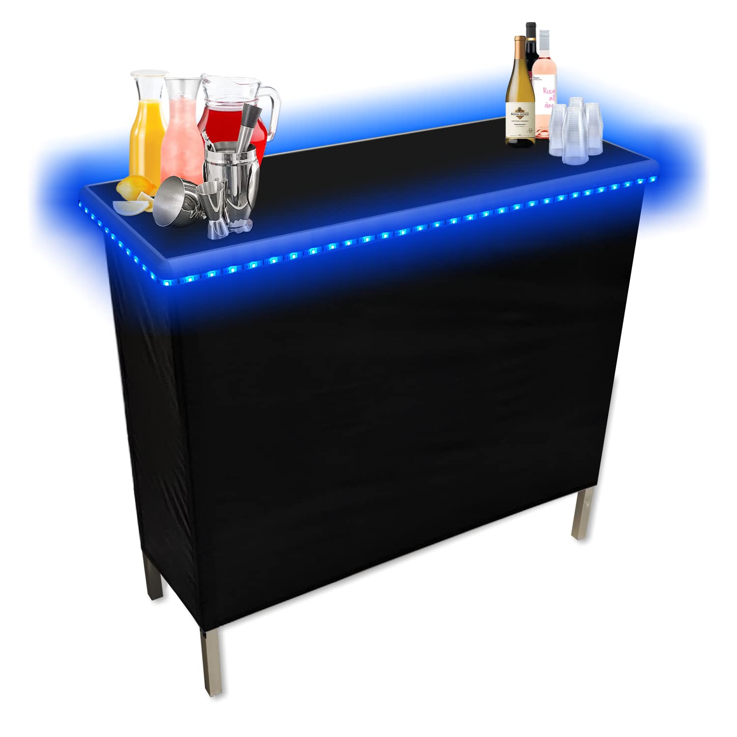 Portable Folding Party Bar with LED Lights - Black & Hawaiian Skirts, Storage Shelf & Carrying Case - Perfect for Outdoor Events, Backyard Parties & Tailgating