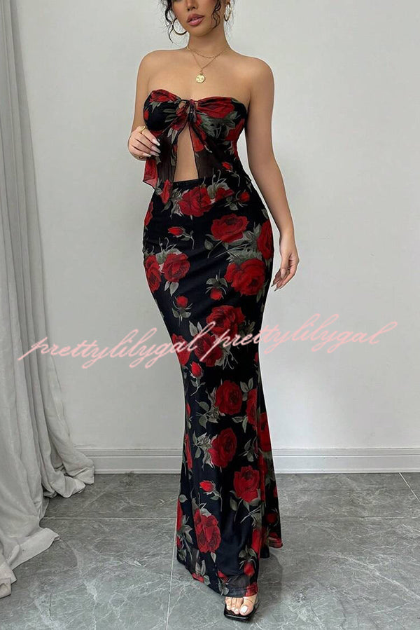 Floral Print Sexy Bandeau Lace Up Crop Top & Stretchy Mesh Maxi Skirt Set - Summer Beach Outfit, Boho Festival Wear, Date Night Fashion