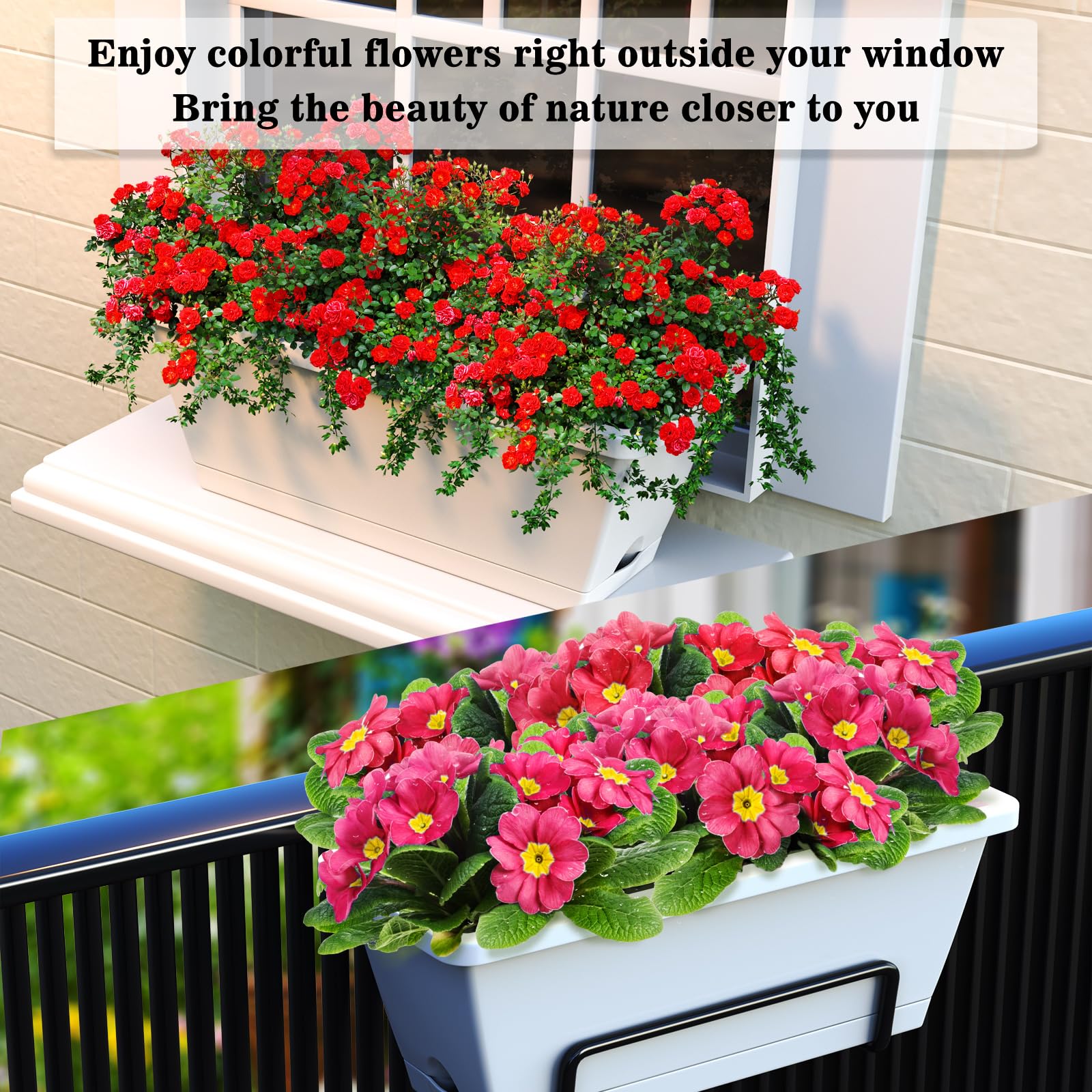 16 Pack Rectangle Window Box Planters - 17 Inch Long Plastic Flower Box with Drainage Holes & Trays for Indoor/Outdoor Use - Dark Grey Herb Garden Plant Pots Perfect for Windowsill, Balcony & Patio Decor