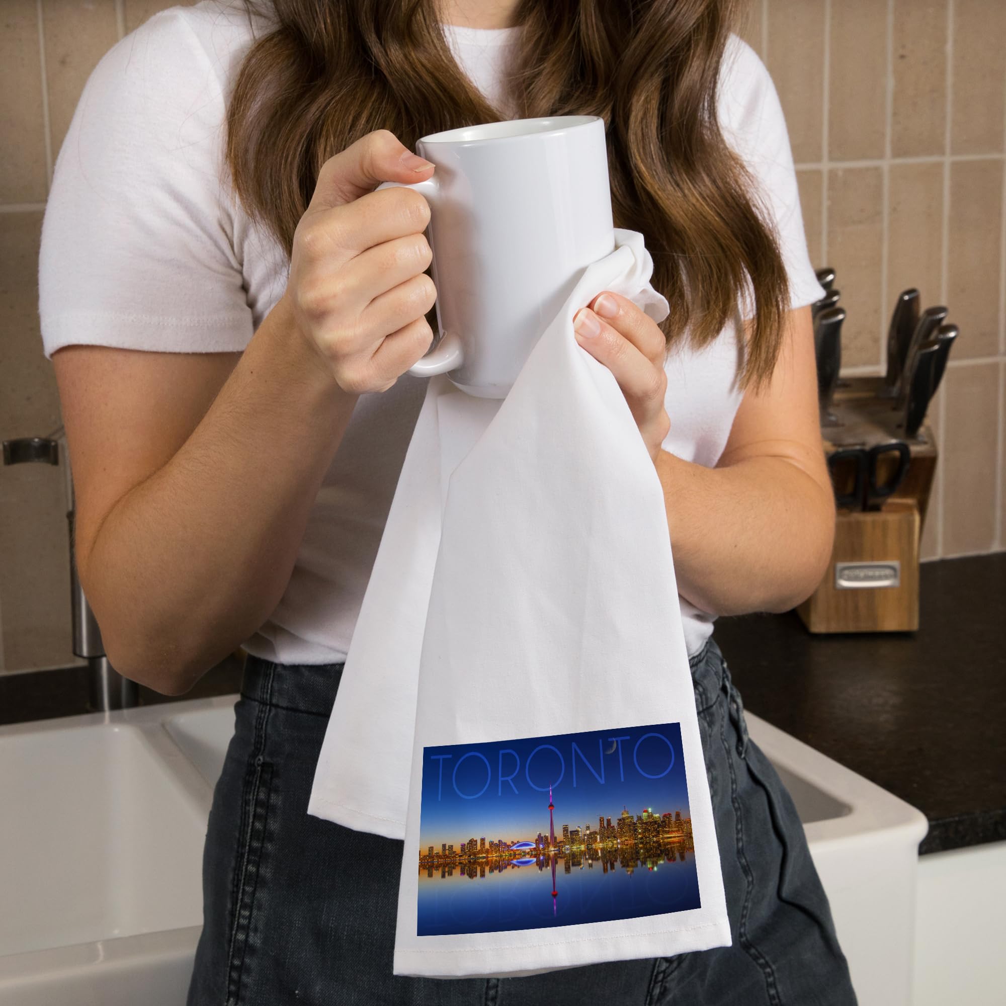Lantern Press Toronto Canada Skyline & Reflection Cotton Tea Towel - 100% Cotton Decorative Hand Towel for Kitchen, Bathroom & Home Decor - Perfect for Dish Drying, Gift Giving & Farmhouse Style Decor