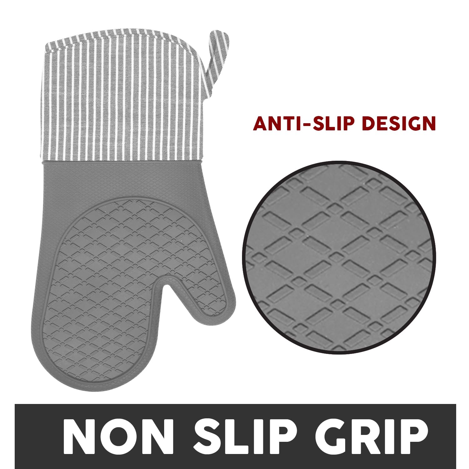MIJOTEX Heat Resistant Silicone Oven Mitts & Gloves Set - 2 Extra Long 13-inch Quilted Liner Mittens (Grey) for Baking, Grilling & Kitchen Safety