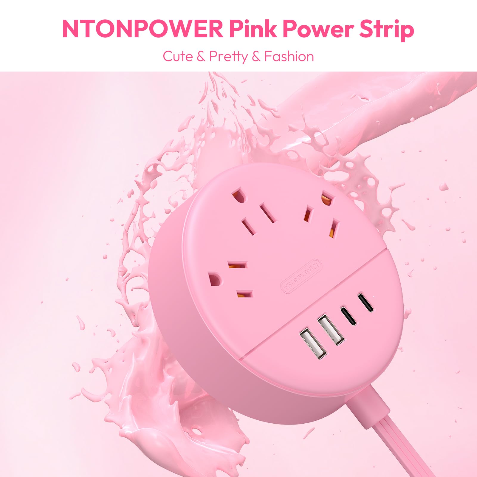 NTONPOWER 10 ft Pink Flat Plug Extension Cord with 2 USB-C & 2 USB-A Ports, Low Profile Power Strip for Under Carpet - Wall Mountable for Home, Office, Dorm Room, Vanity Desk & Nightstand | Perfect for Charging Devices, Powering Lamps & Small Appliances
