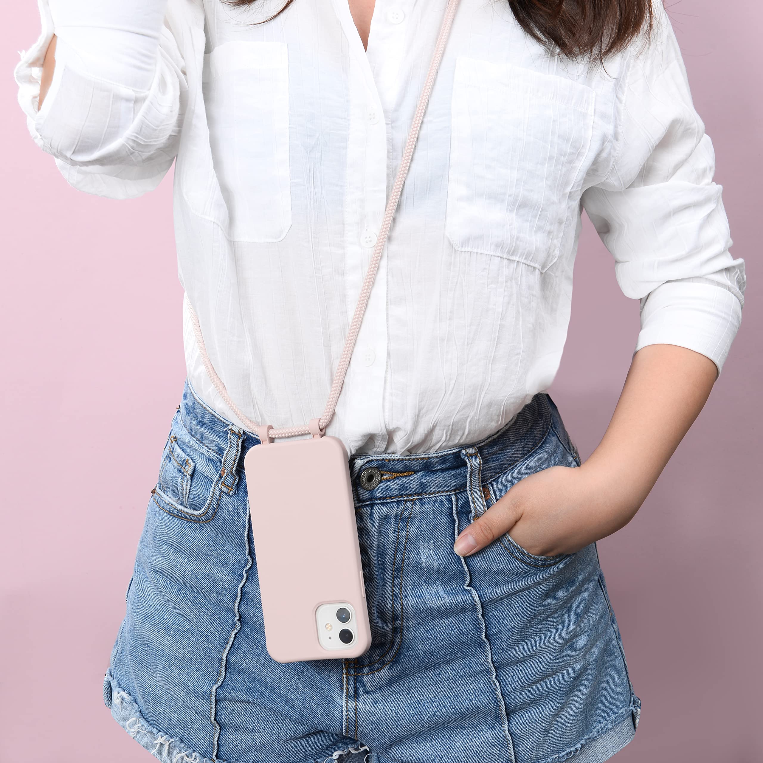 2-in-1 Crossbody Phone Case with Detachable Lanyard for iPhone 13 Pro Max - Pink, Shockproof & Adjustable Strap - Perfect for Travel, Shopping & Hands-Free Convenience