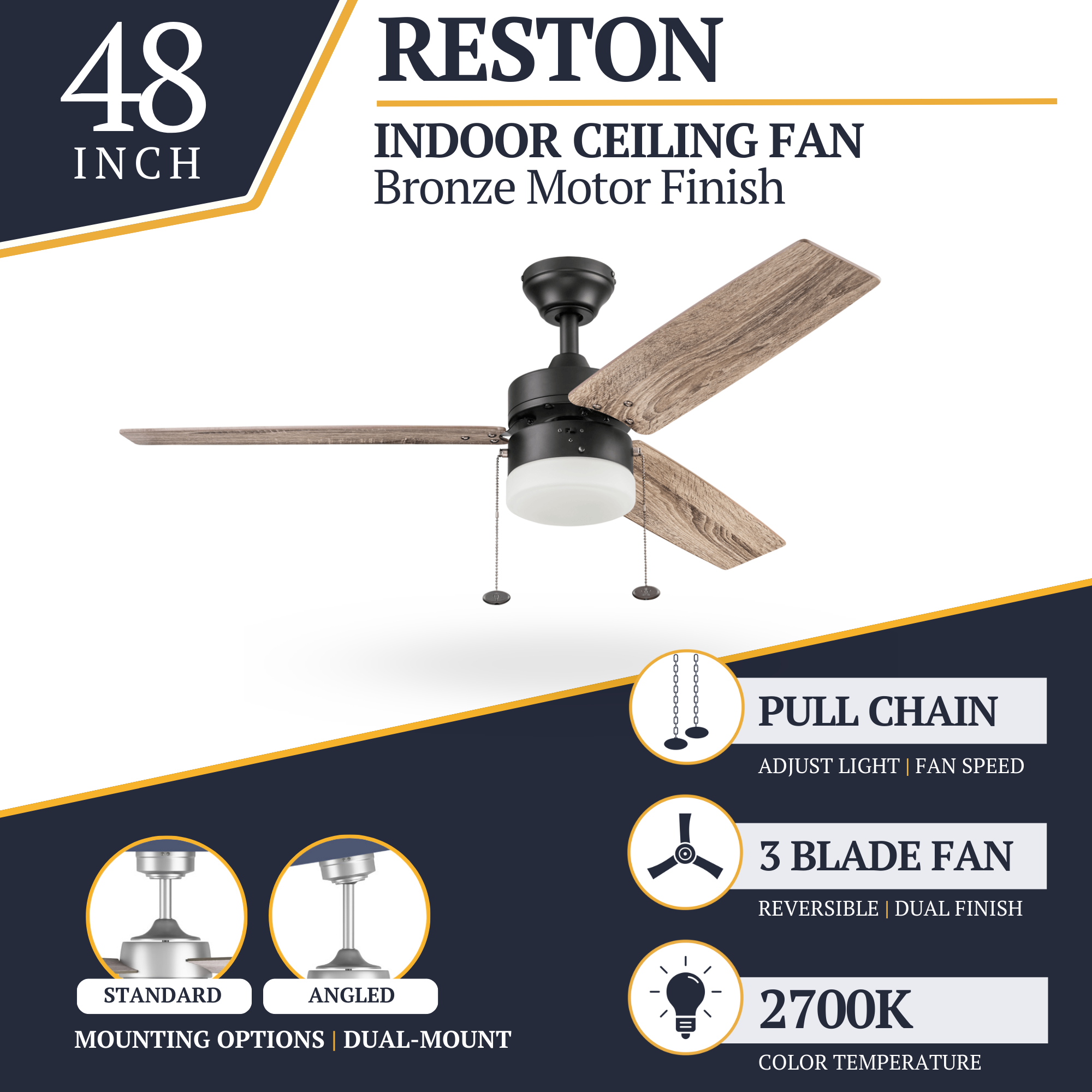 48 Inch Bronze Ceiling Fan with Pull Chain - Energy Efficient & Quiet - Perfect for Bedroom, Living Room, and Outdoor Patio