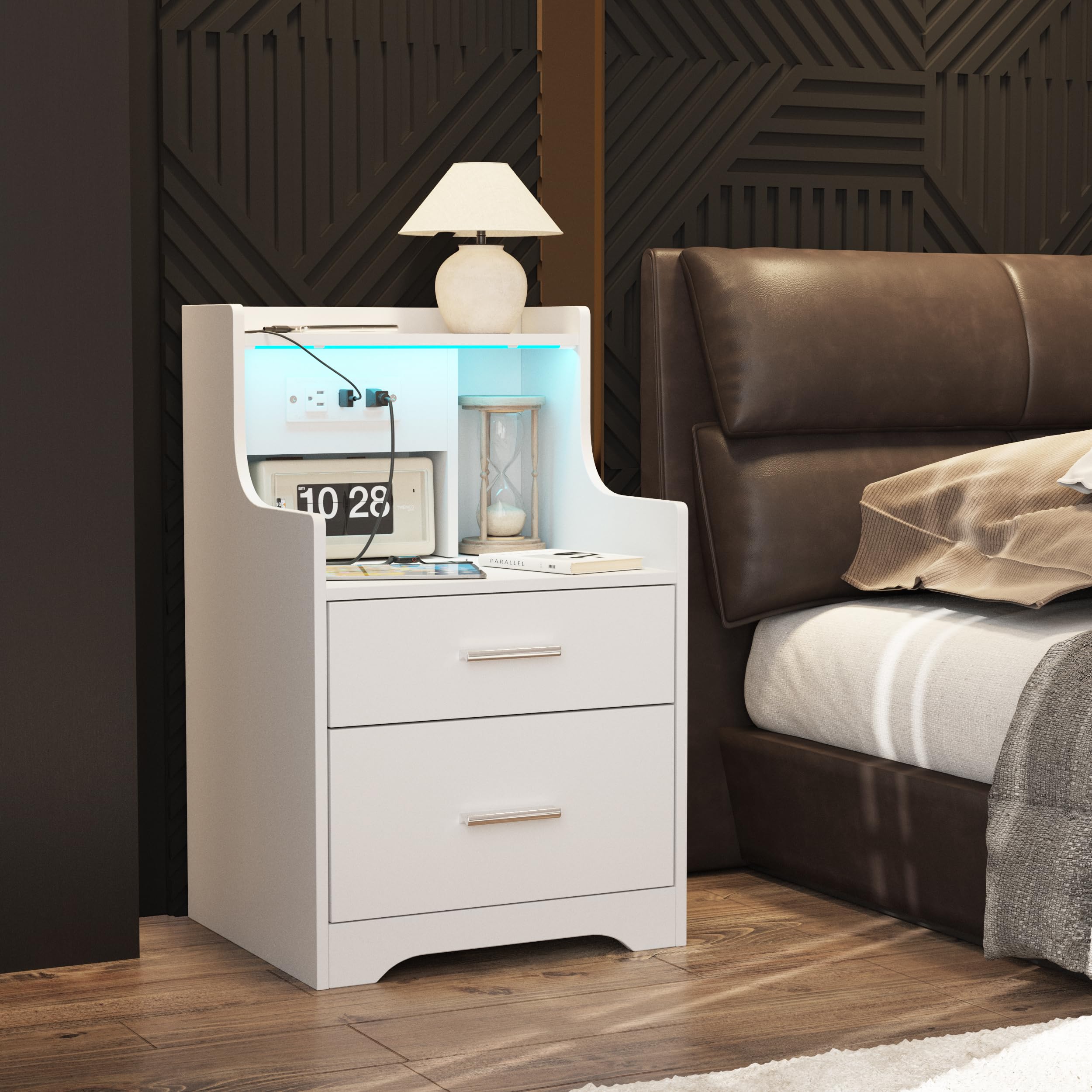 White Nightstand with Charging Station & LED Lights - 2 Drawers Bedside Table for Kids Bedroom & Living Room - Perfect for Toddlers' Bedside Storage