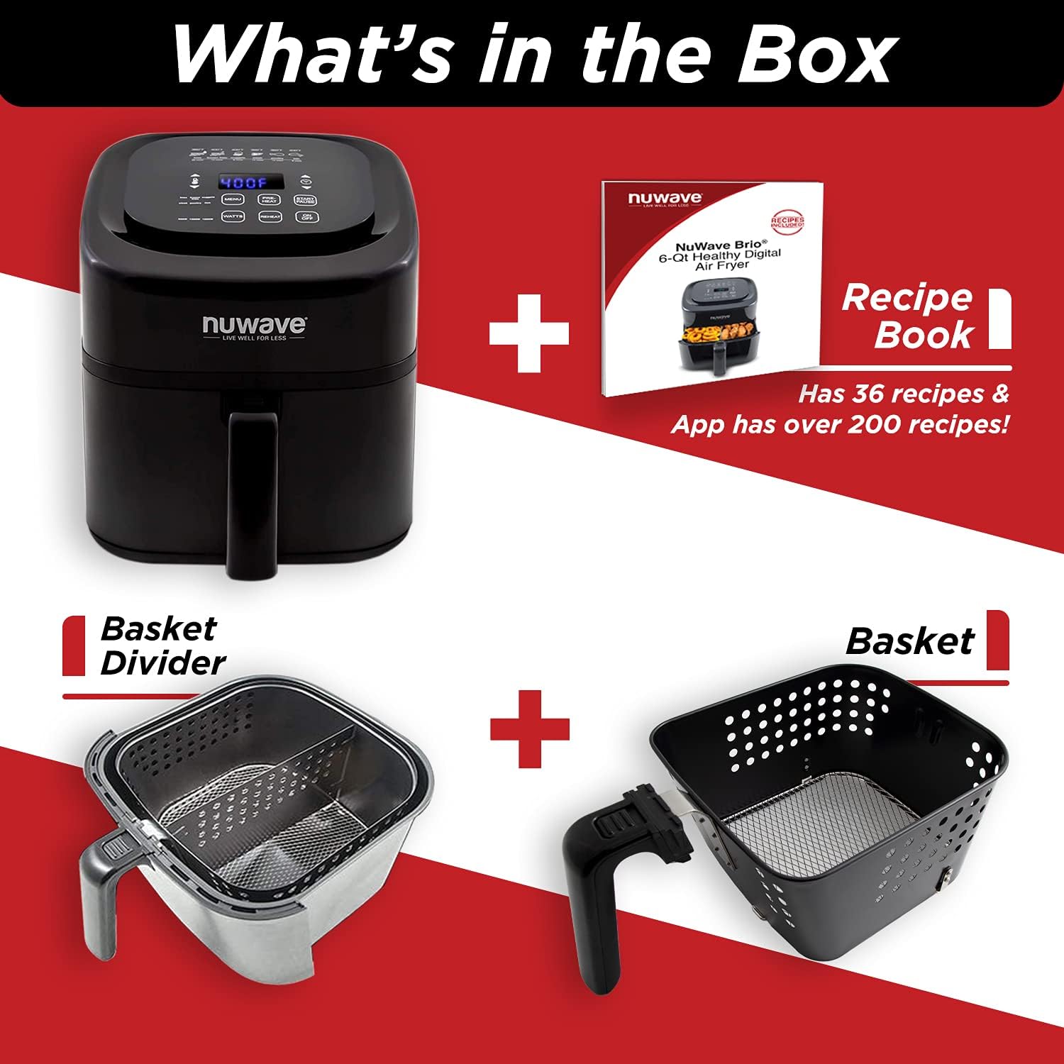 Nuwave Brio 6-Quart Digital Air Fryer with Non-Stick Baking Pan & Stainless-Steel Rack - Healthy Oil-Free Cooking for Family Meals, Snacks & Meal Prep (Black, 6-Quart + Gourmet Kit)