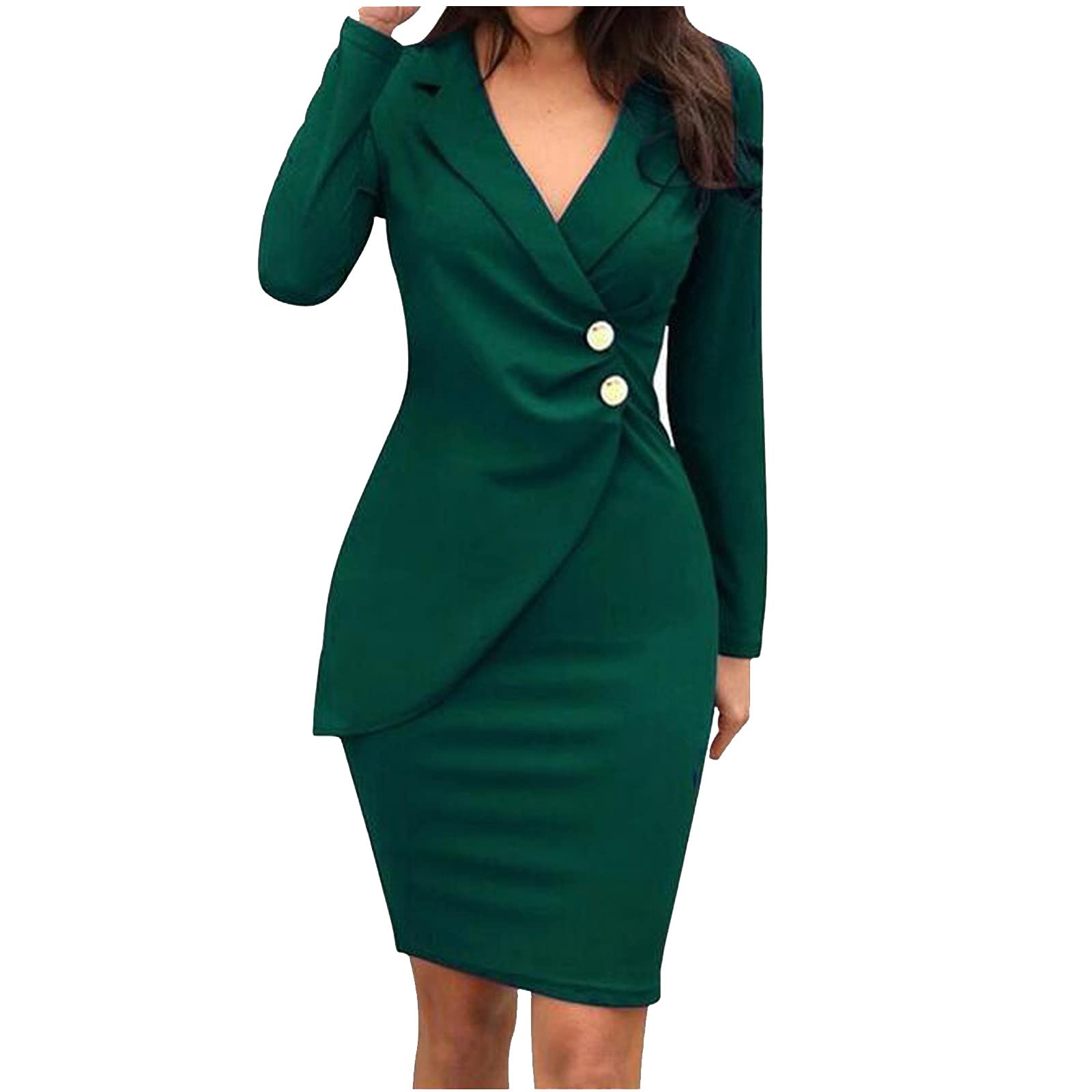 LIUguoo Women's Slim Fit Long Sleeve Deep V-Neck Bodycon Dress - Business Formal, Cocktail Party, Work Office Attire - Army Green Midi Pencil Dress for Professional & Evening Occasions