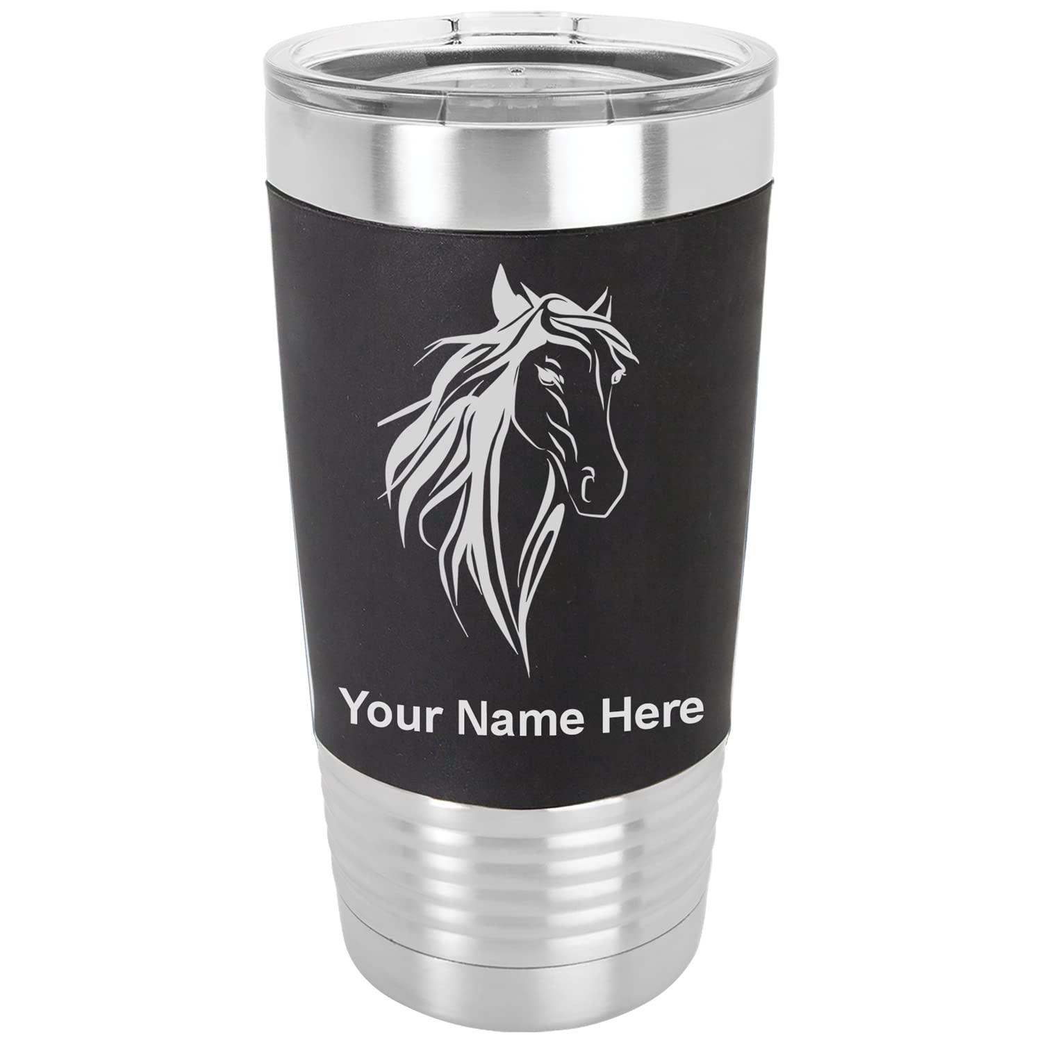 LaserGram 20oz Vacuum Insulated Stainless Steel Tumbler Mug with Silicone Grip - Personalized Engraving Horse Head 3 Design - Keeps Drinks Hot/Cold for Hours - Perfect for Coffee, Tea, Water - Ideal for Office, Gym, Travel, Outdoor Activities (Black)