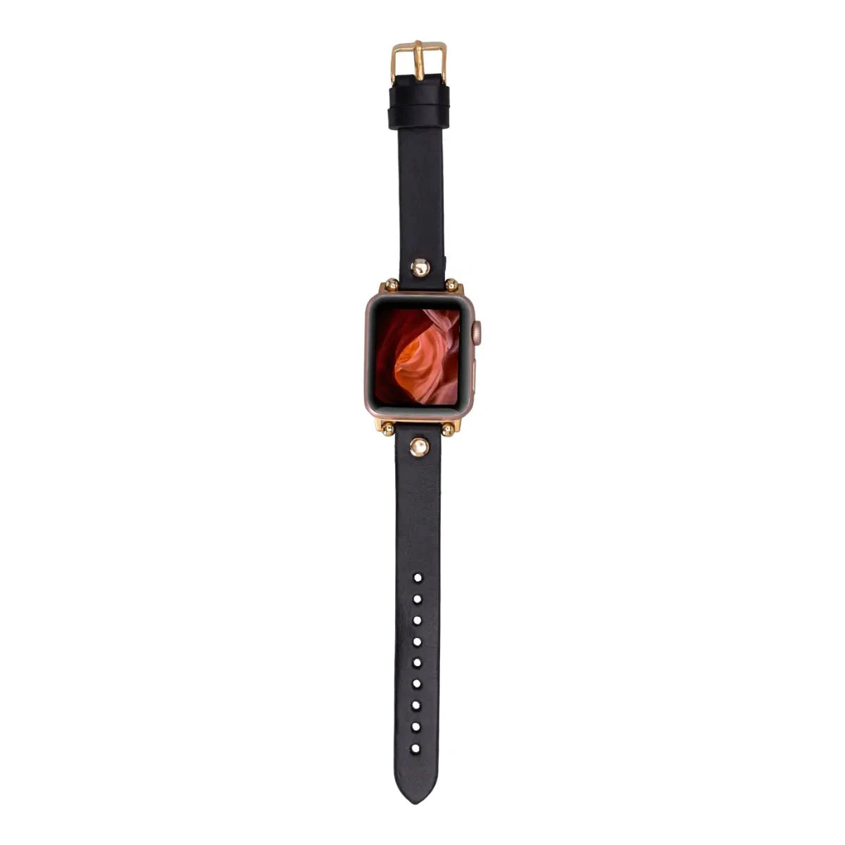 Premium Black Leather Ultra Slim Apple Watch Band with Gold Rivets - Stylish & Lightweight for Everyday Wear, Workouts & Formal Occasions