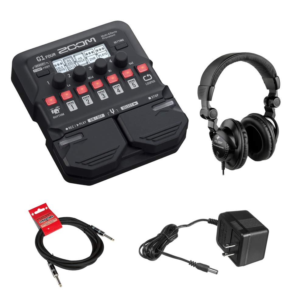 Zoom G1 Four Guitar Effects Processor Bundle with Polsen HPC-A30 Monitor Headphones, 9V Power Adapter & 10ft Instrument Cable - Perfect for Home Studio Recording, Live Performances & Guitar Practice