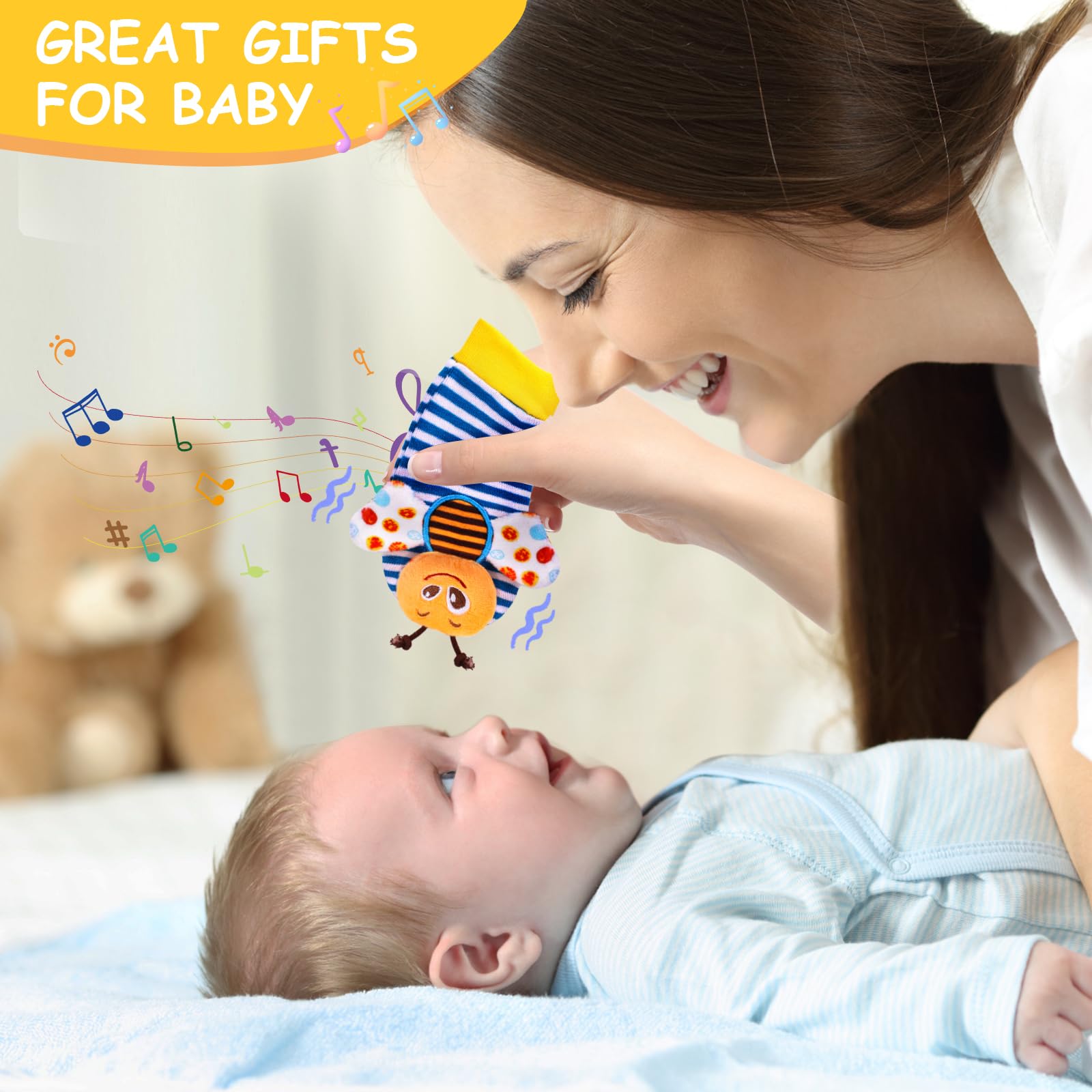 Adorable Baby Wrist Rattle Socks & Foot Finder Set - Soft Infant Toys for 0-12 Months (Unisex) - Perfect Newborn Hand & Foot Rattles for 3-9 Month Olds - Ideal Baby Shower & Easter Gift for Boys & Girls - Great for Tummy Time & Sensory Development