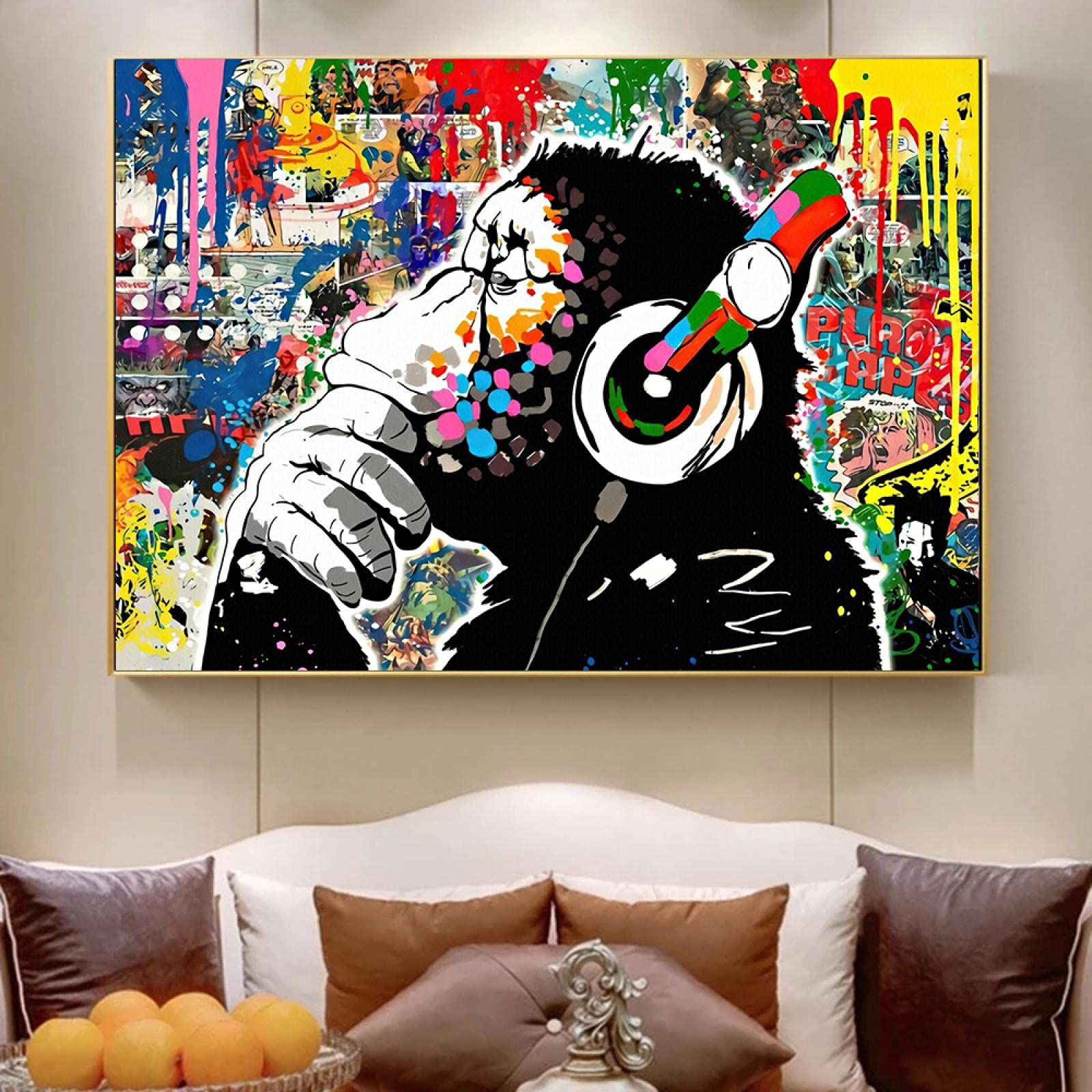 Abstract Graffiti Art Canvas Painting - Monkey with Headphones Wall Decor Poster Print (85x120cm Frameless) for Living Room, Bedroom & Office