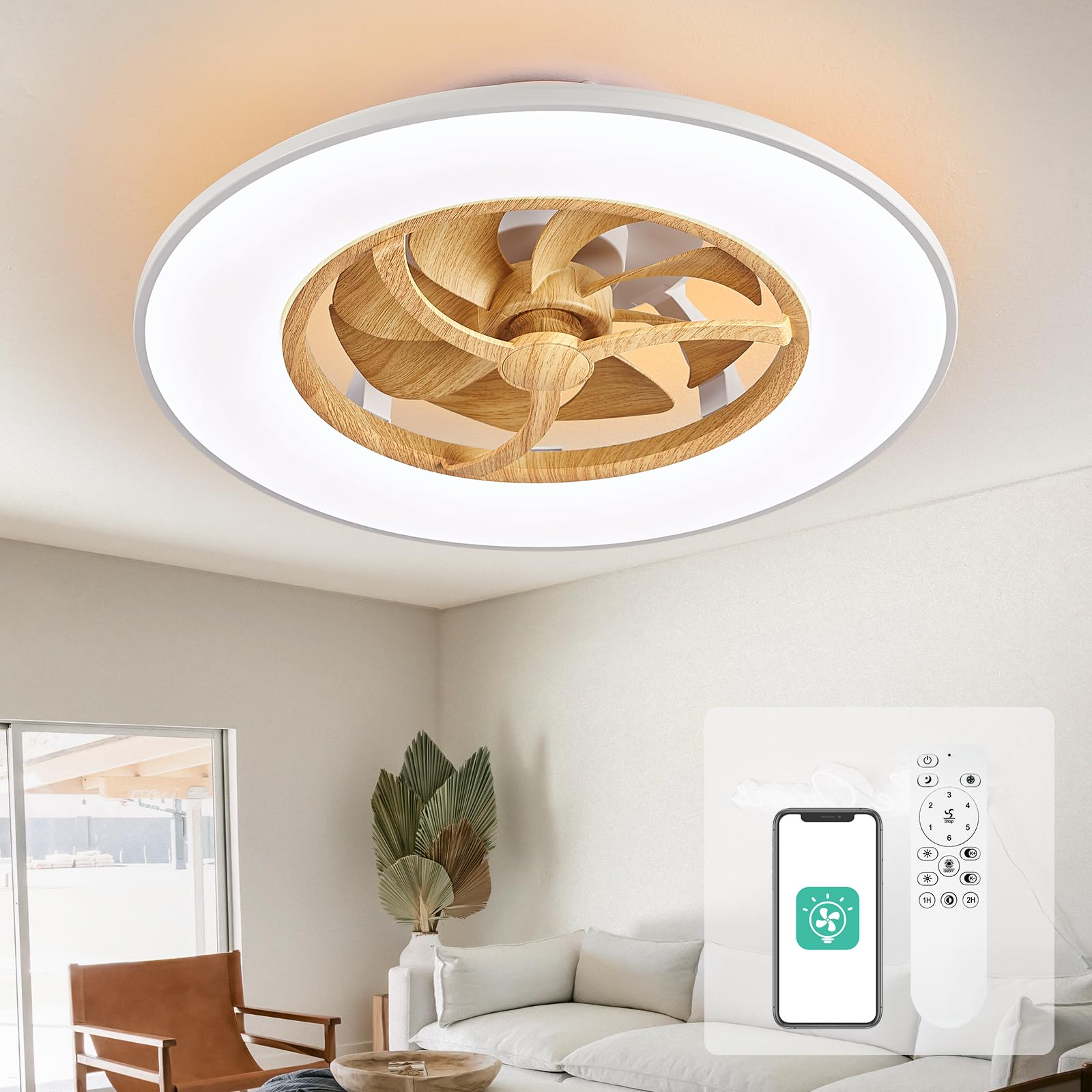 Orison 23-inch Bladeless Ceiling Fan with Lights - Dimmable LED, Remote Control, 3 Light Colors & 6 Speeds, 8 Reversible Blades - Perfect for Living Room, Bedroom, Kids Room & Home Office