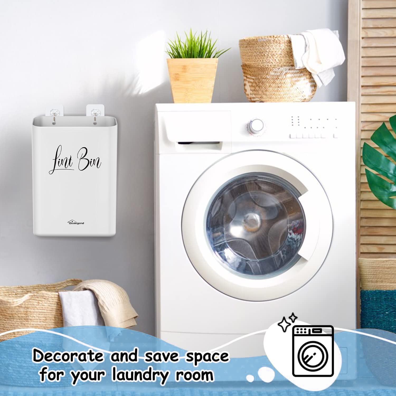 Sealegend Magnetic Lint Bin for Laundry Room with Dryer Lint Brush - Wall Mounted Space-Saving Trash Can for Laundry Organization & Storage (Gray White) - Perfect for Small Spaces, Apartments & Laundry Room Organization