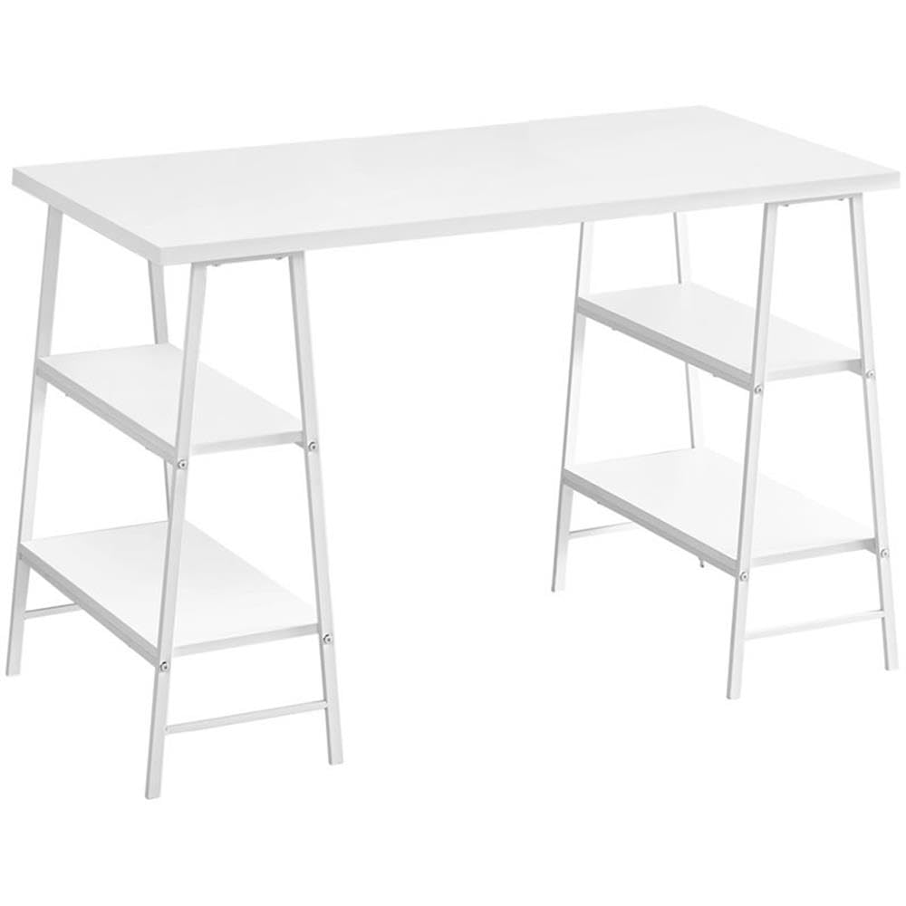 Pemberly Row 3-Tier White Wood Top Sawhorse Computer Desk - Home Office Workstation for Study, Writing & Laptop Use