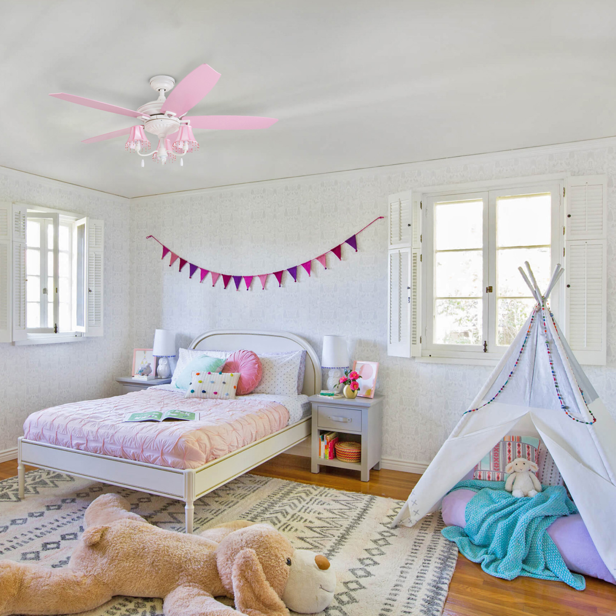 48 Inch Elsa Ceiling Fan with Pull Chain - White & Pink - Perfect for Bedroom, Living Room, and Nursery Cooling