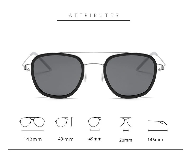 Black Unisex Titanium Square Double Bridge Sunglasses 8205 - Stylish & Durable for Outdoor Activities, Driving, and Fashion