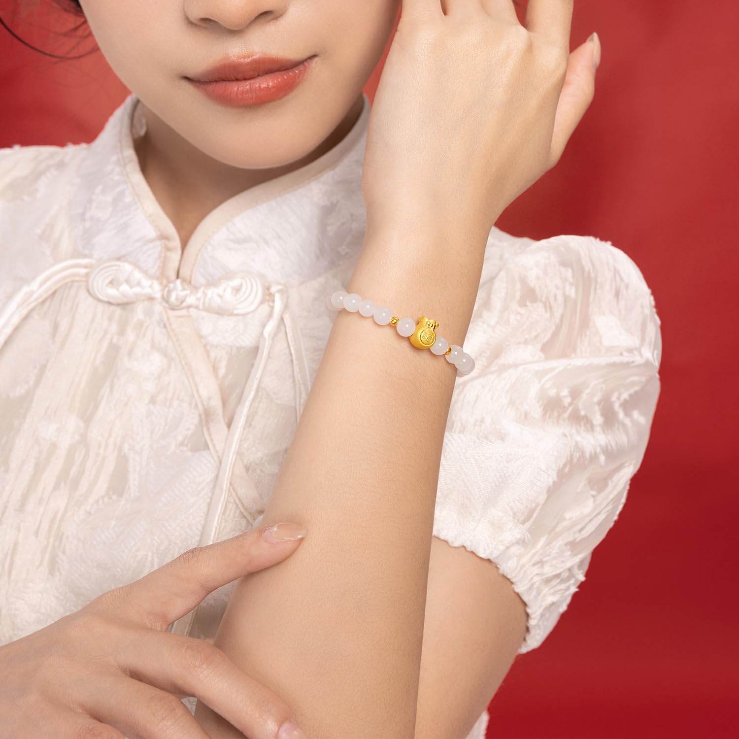 24K Solid Gold Bracelet for Women & Men - Real Pure Gold Jewelry with Fortune Bag Gourd Charm & White Jade Beads - Elegant Unisex Gift for Teen Girls, Birthday, Anniversary - Perfect for Daily Wear, Special Occasions & Wealth Attraction
