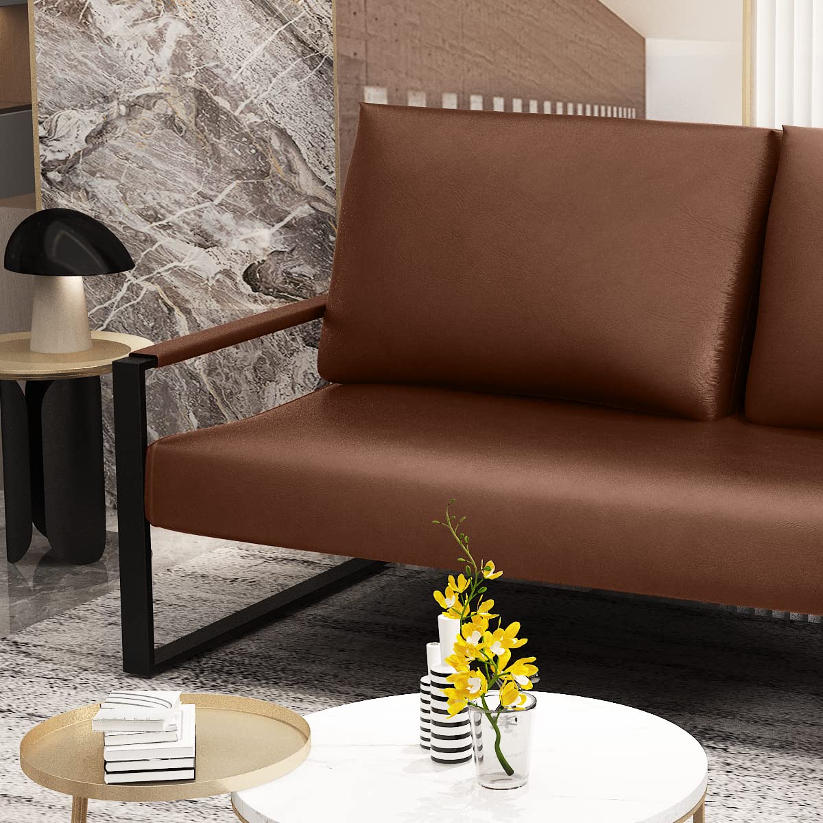 Mid-Century Faux Leather Loveseat Sofa - 2-Seat Small Couch for Bedroom, Office & Living Room | Brown PU Leather Upholstered Compact Sofa for Small Spaces | Perfect for Apartments, Dorms & Cozy Home Decor