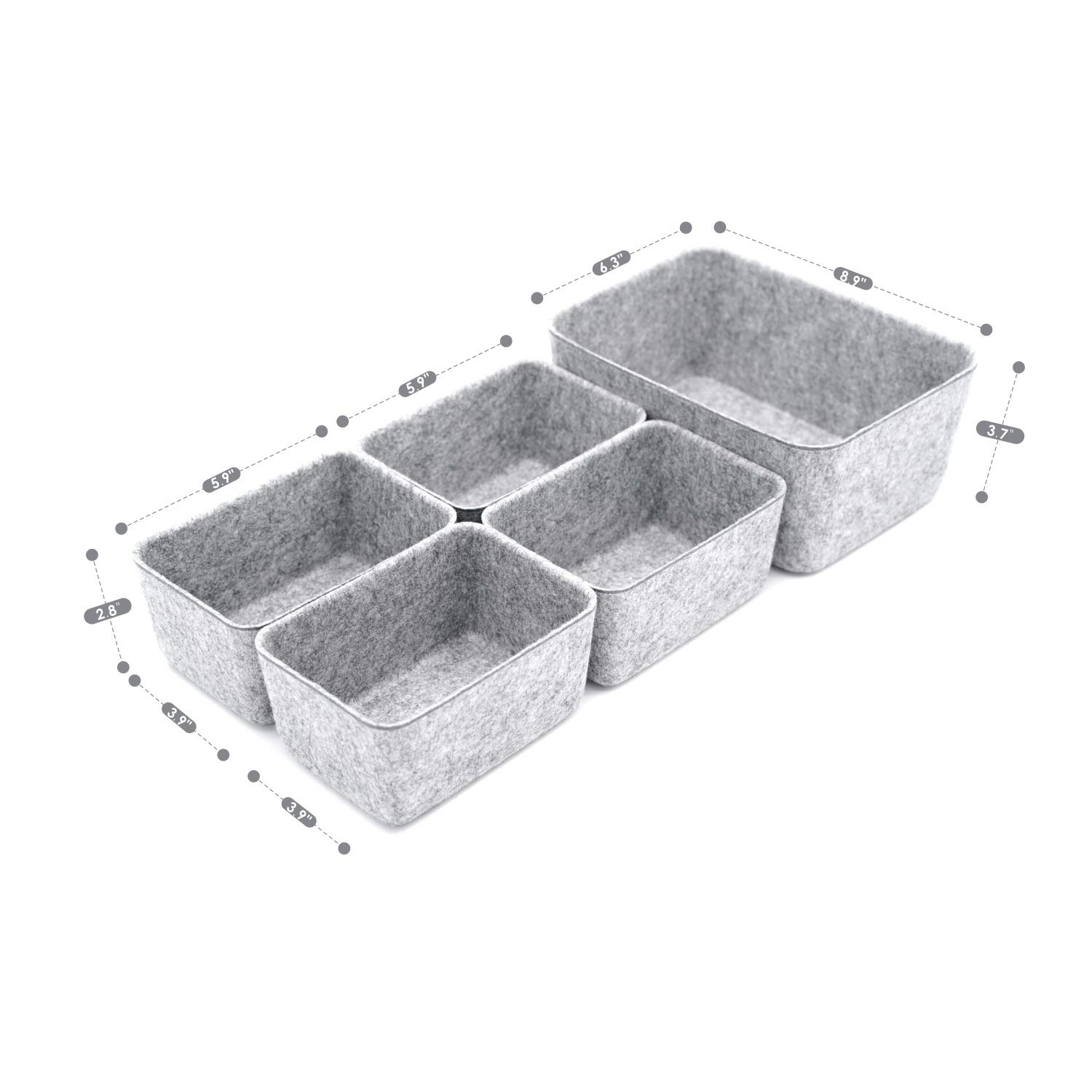 Welaxy 5-Pack Gray Felt Drawer Organizers for Office, Jewelry & Makeup