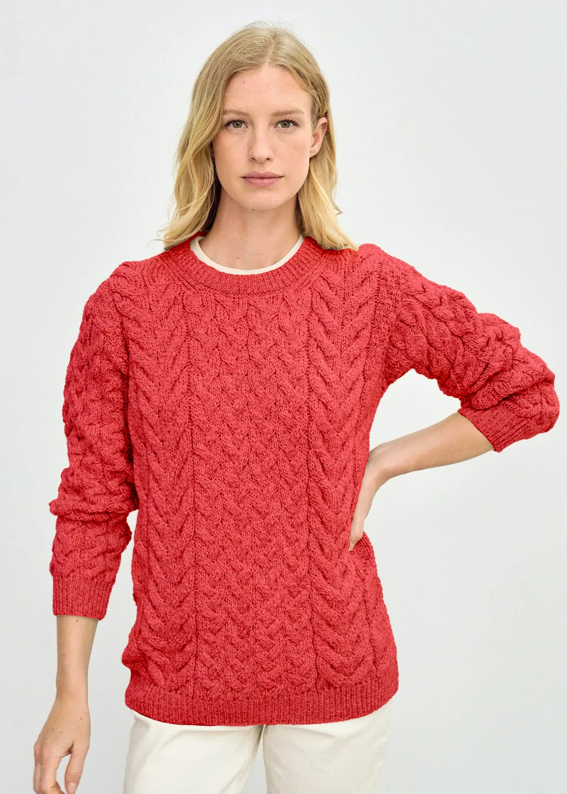 Aran Crew Neck Supersoft Sweater for Women - Cozy Coral Knit Pullover | Perfect for Fall & Winter, Casual Outfits, and Holiday Gatherings