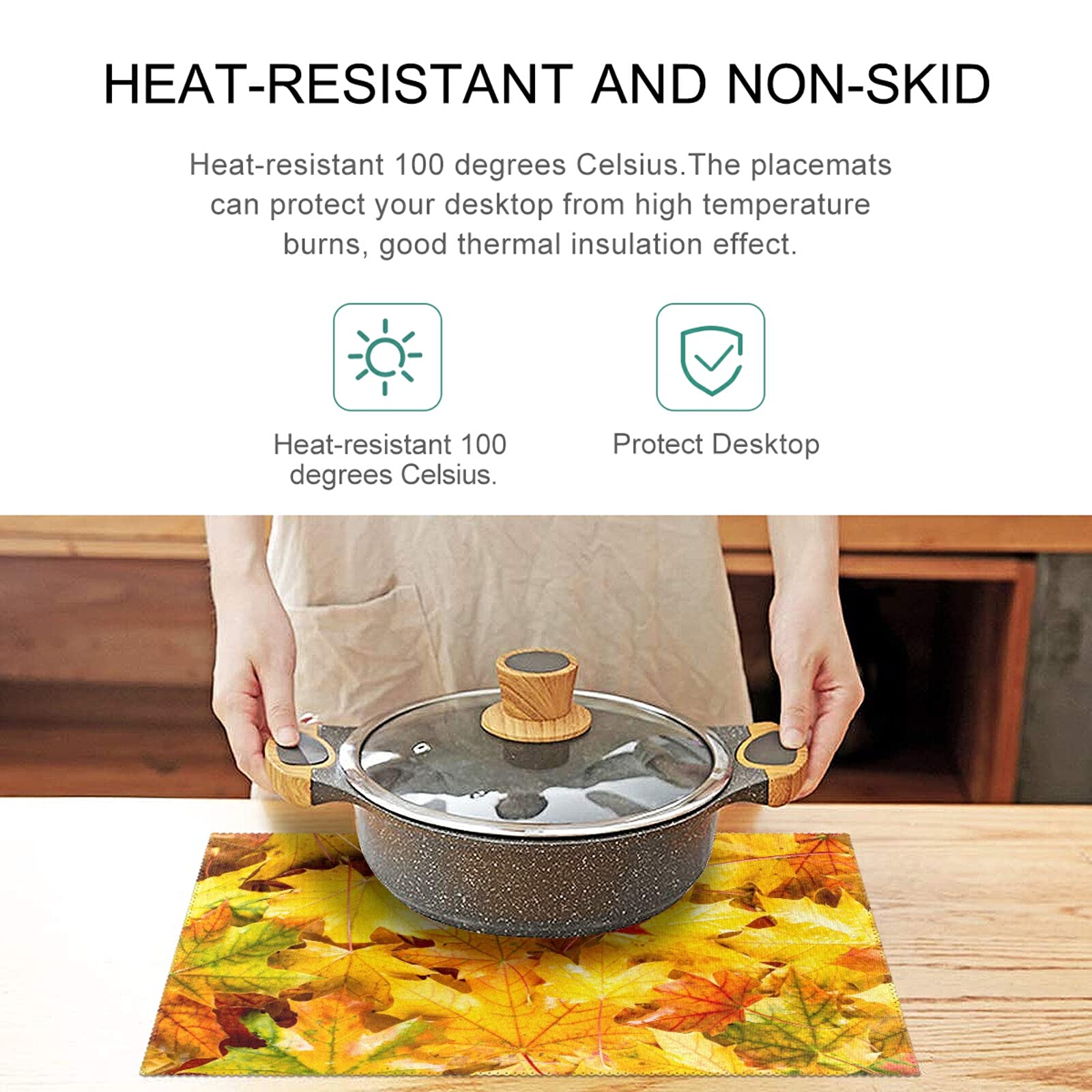 Thanksgiving Maple Leaf Placemats Set of 4 - Non-Slip Heat-Resistant Washable Table Mats for Kitchen & Dining - 12